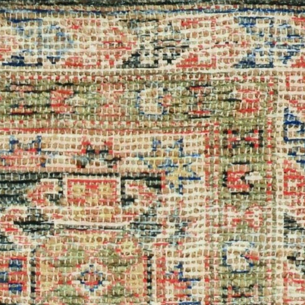 5' X 7' Brick Red Green And Brown Jute Southwestern Hand Woven Distressed Area Rug-Area Rugs-DECOROLALA