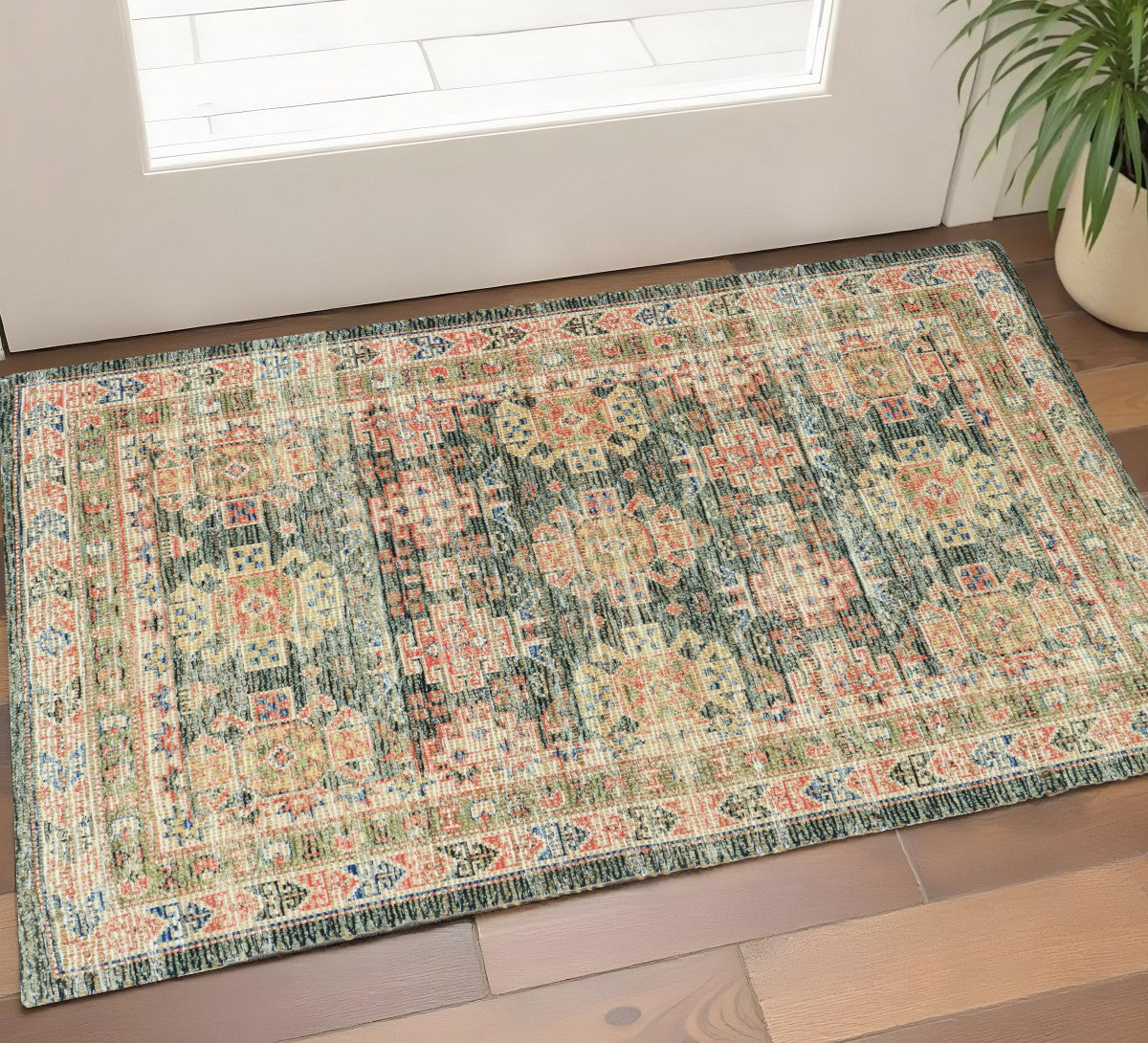 5' X 7' Brick Red Green And Brown Jute Southwestern Hand Woven Distressed Area Rug-Area Rugs-DECOROLALA