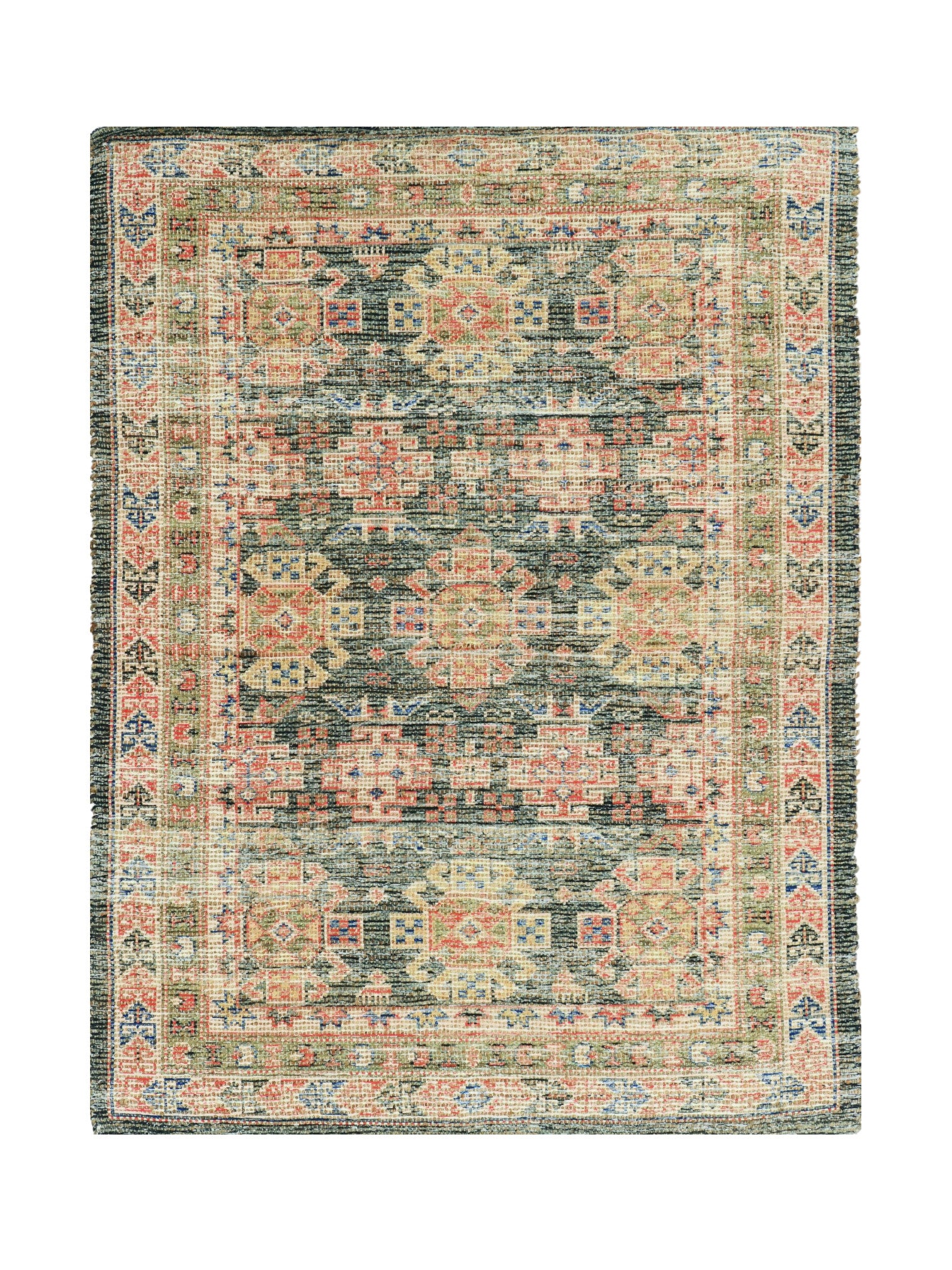 5' X 7' Brick Red Green And Brown Jute Southwestern Hand Woven Distressed Area Rug-Area Rugs-DECOROLALA