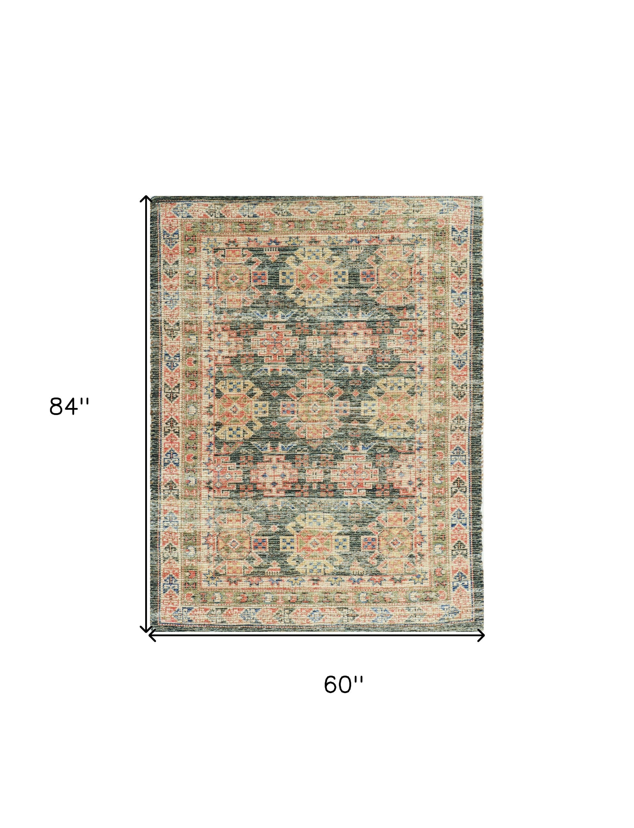 5' X 7' Brick Red Green And Brown Jute Southwestern Hand Woven Distressed Area Rug-Area Rugs-DECOROLALA
