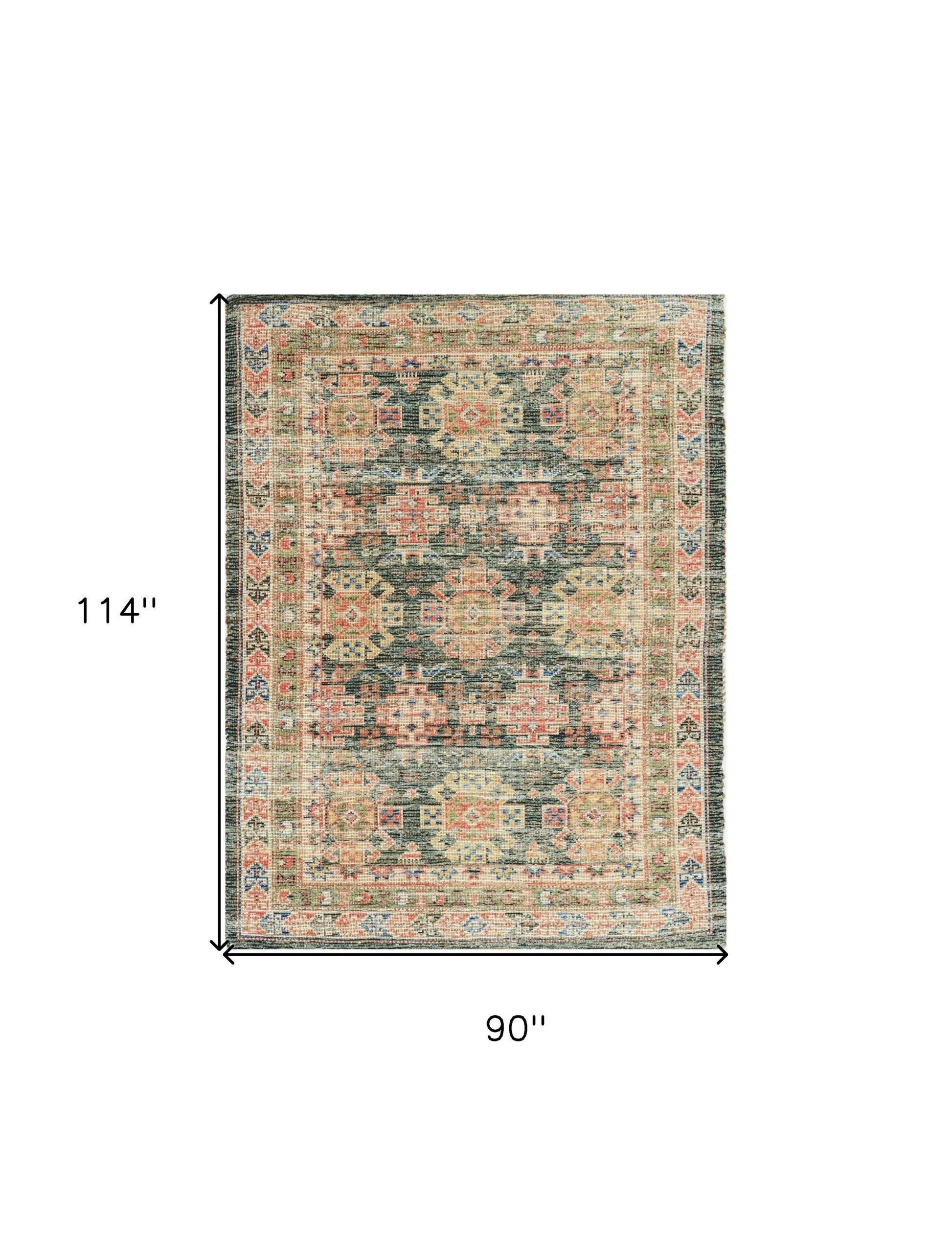 5' X 7' Brick Red Green And Brown Jute Southwestern Hand Woven Distressed Area Rug-Area Rugs-DECOROLALA