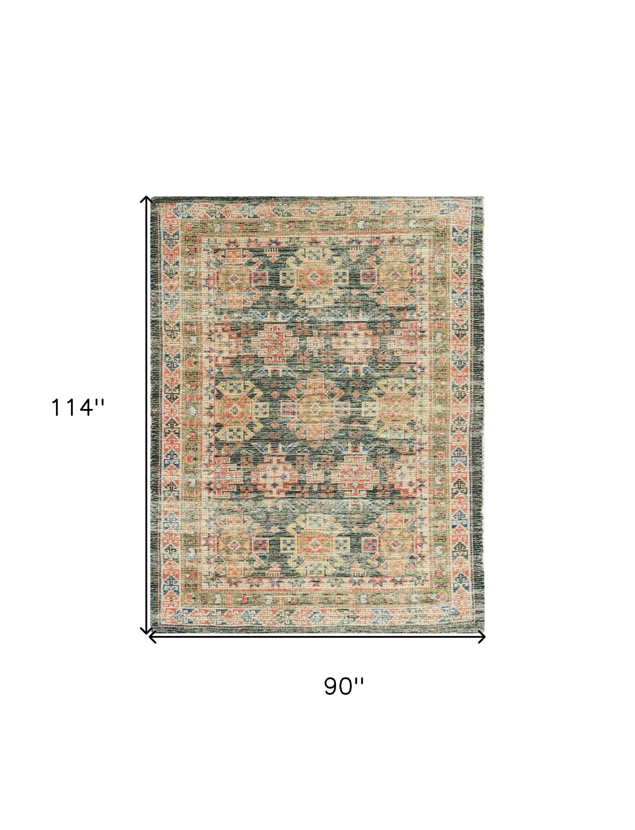 5' X 7' Brick Red Green And Brown Jute Southwestern Hand Woven Distressed Area Rug-Area Rugs-DECOROLALA