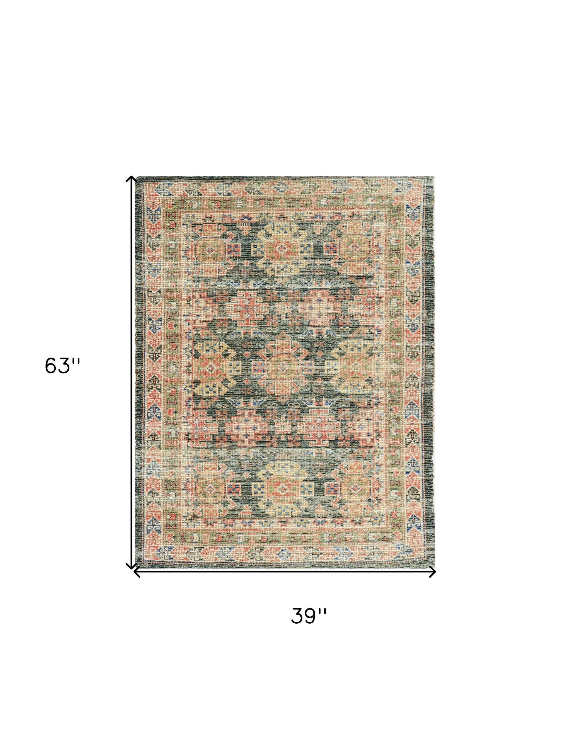 5' X 7' Brick Red Green And Brown Jute Southwestern Hand Woven Distressed Area Rug-Area Rugs-DECOROLALA