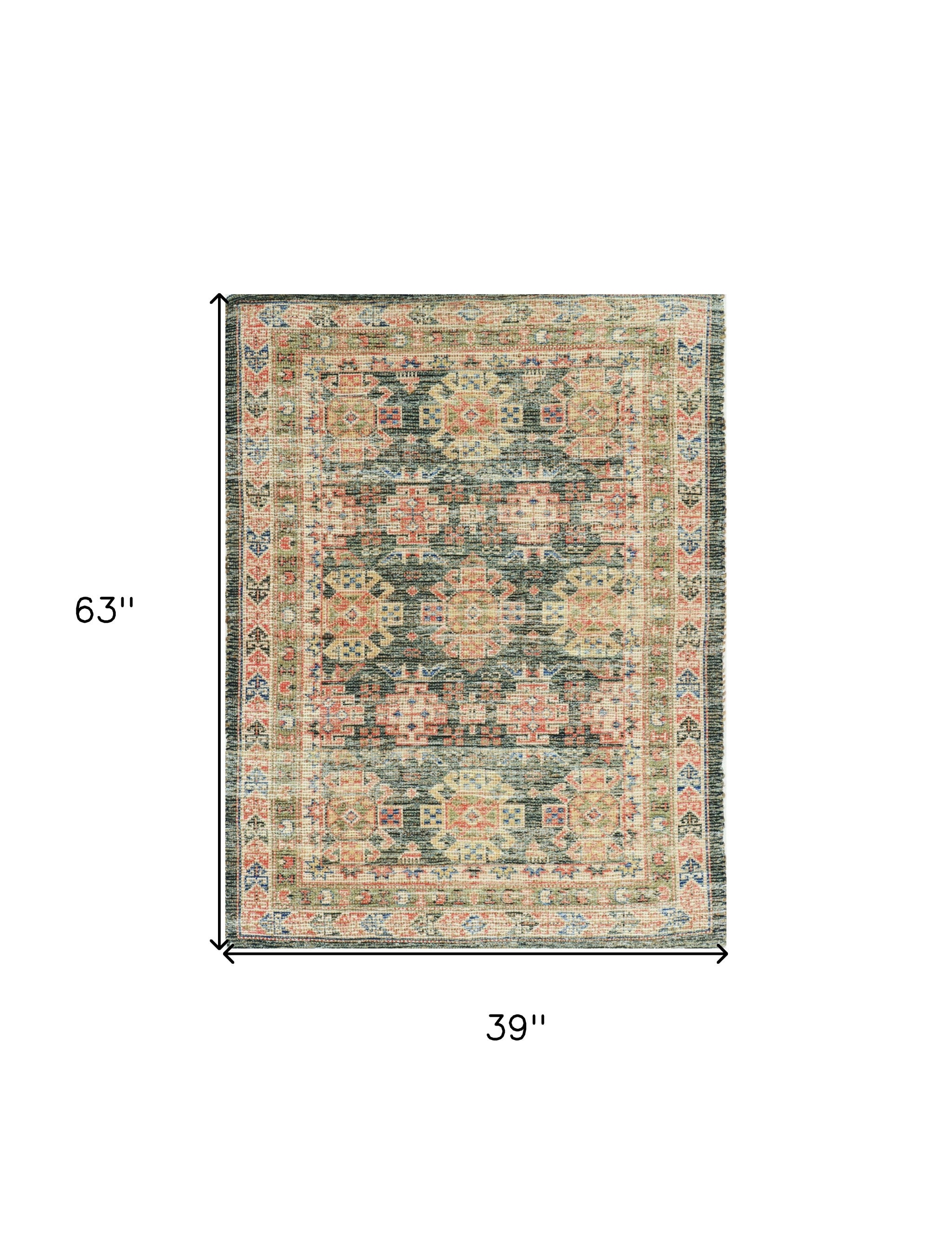 5' X 7' Brick Red Green And Brown Jute Southwestern Hand Woven Distressed Area Rug-Area Rugs-DECOROLALA