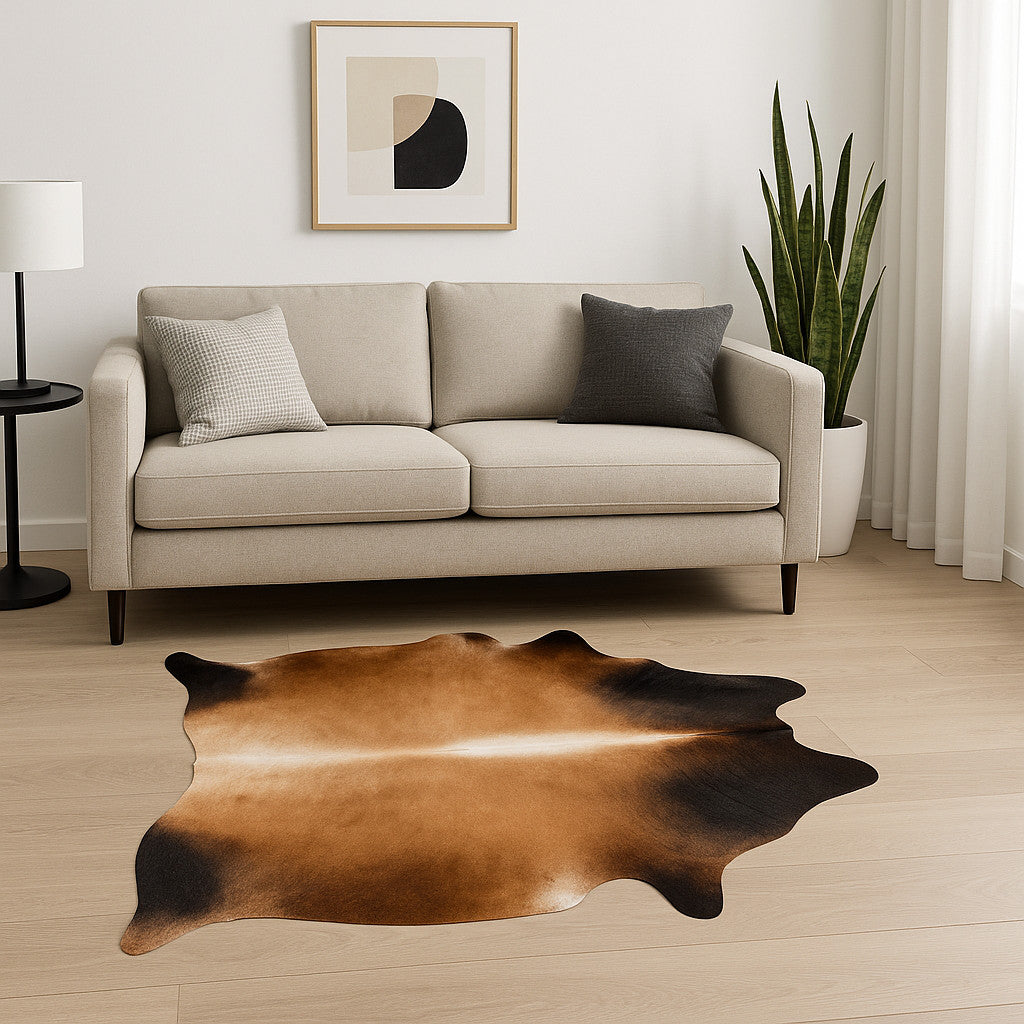 5' X 7' Brown And Black Cowhide Cowhide Print Area Rug-Area Rugs-DECOROLALA