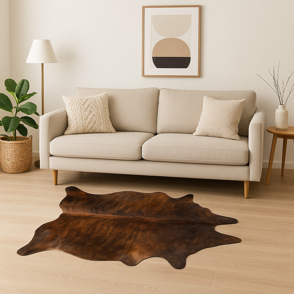 5' X 7' Brown And Black Cowhide Cowhide Print Area Rug-Area Rugs-DECOROLALA