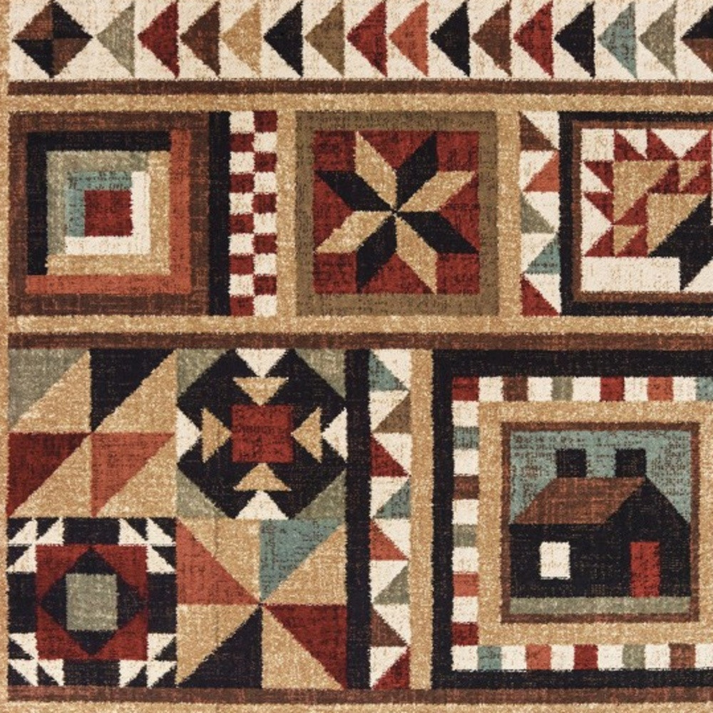 5' X 7' Brown And Red Ikat Patchwork Area Rug-Area Rugs-DECOROLALA