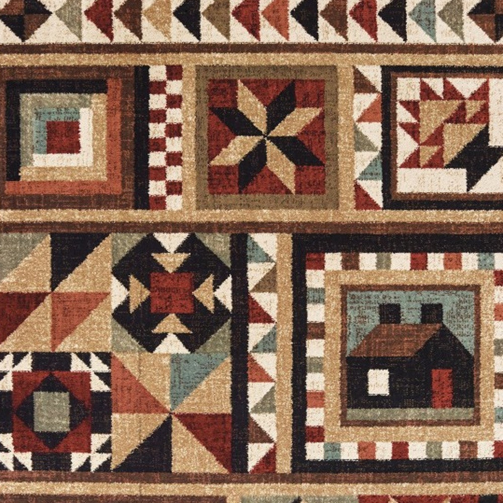 5' X 7' Brown And Red Ikat Patchwork Area Rug-Area Rugs-DECOROLALA