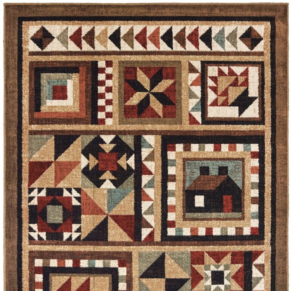 5' X 7' Brown And Red Ikat Patchwork Area Rug-Area Rugs-DECOROLALA
