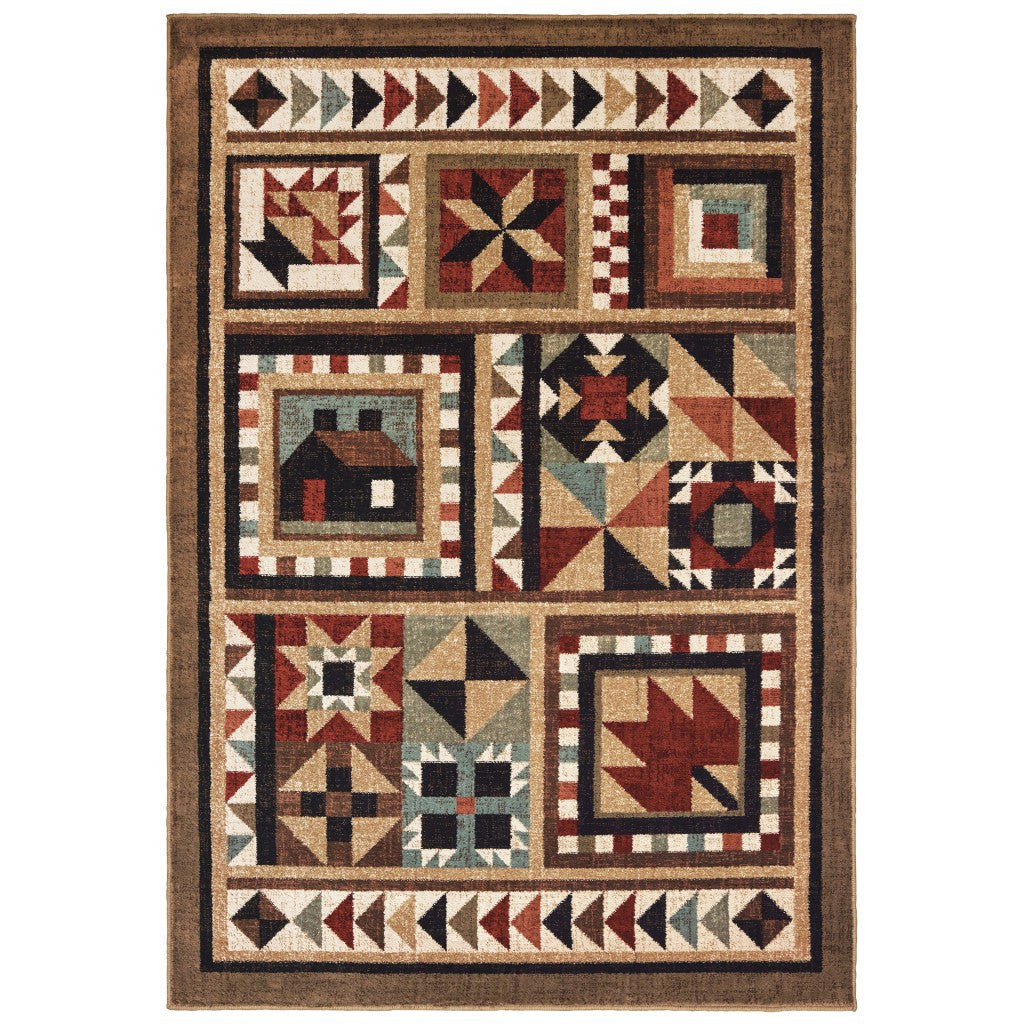 5' X 7' Brown And Red Ikat Patchwork Area Rug-Area Rugs-DECOROLALA