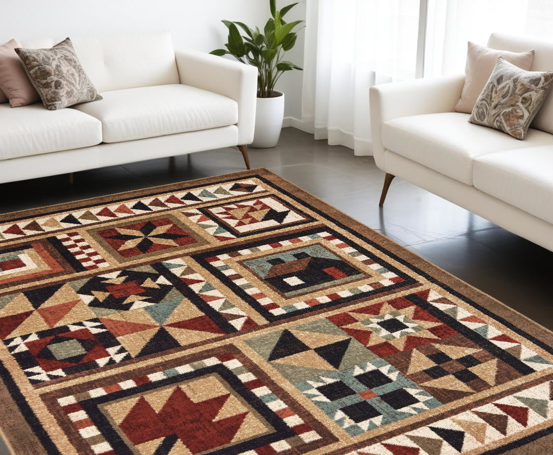 5' X 7' Brown And Red Ikat Patchwork Area Rug-Area Rugs-DECOROLALA