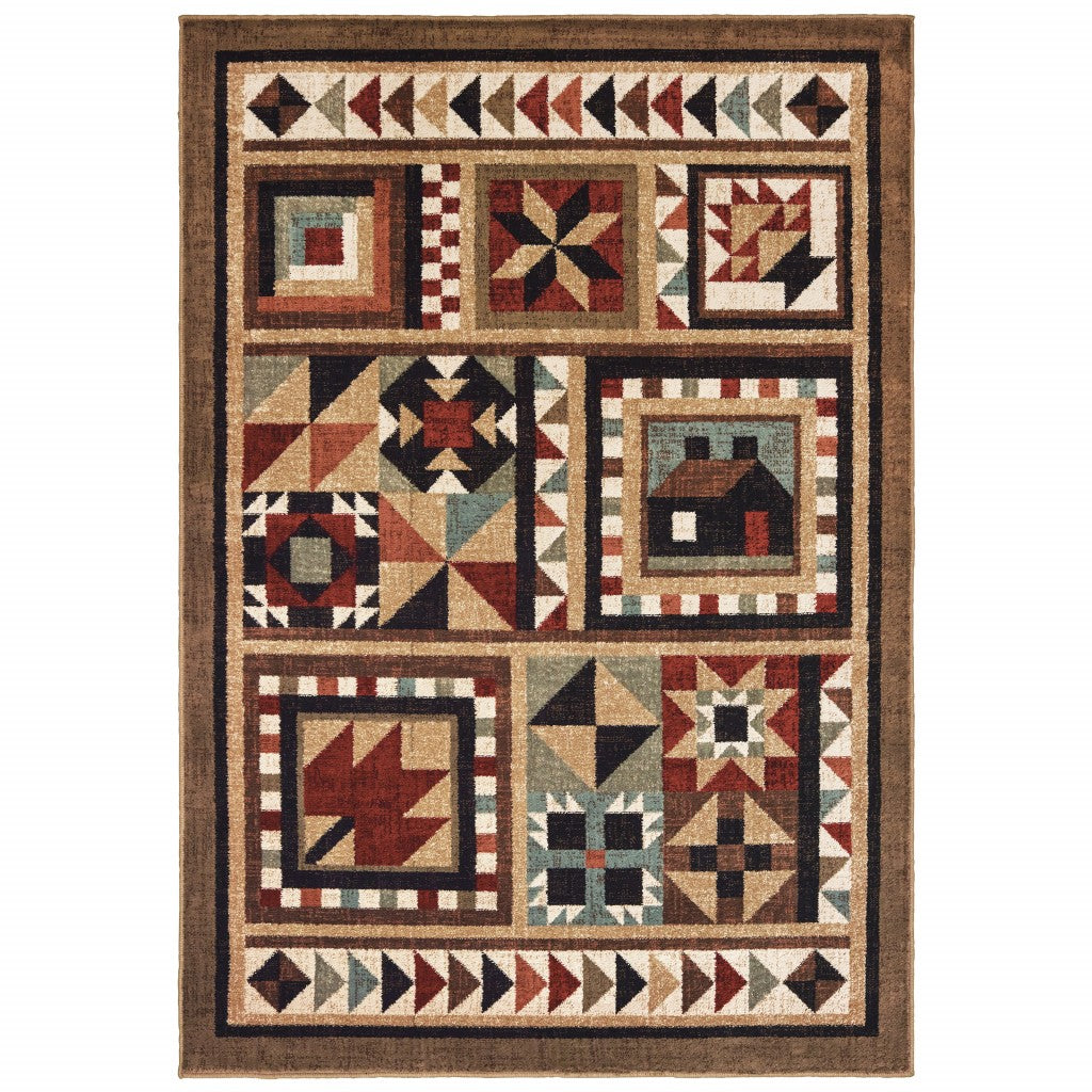 5' X 7' Brown And Red Ikat Patchwork Area Rug-Area Rugs-DECOROLALA