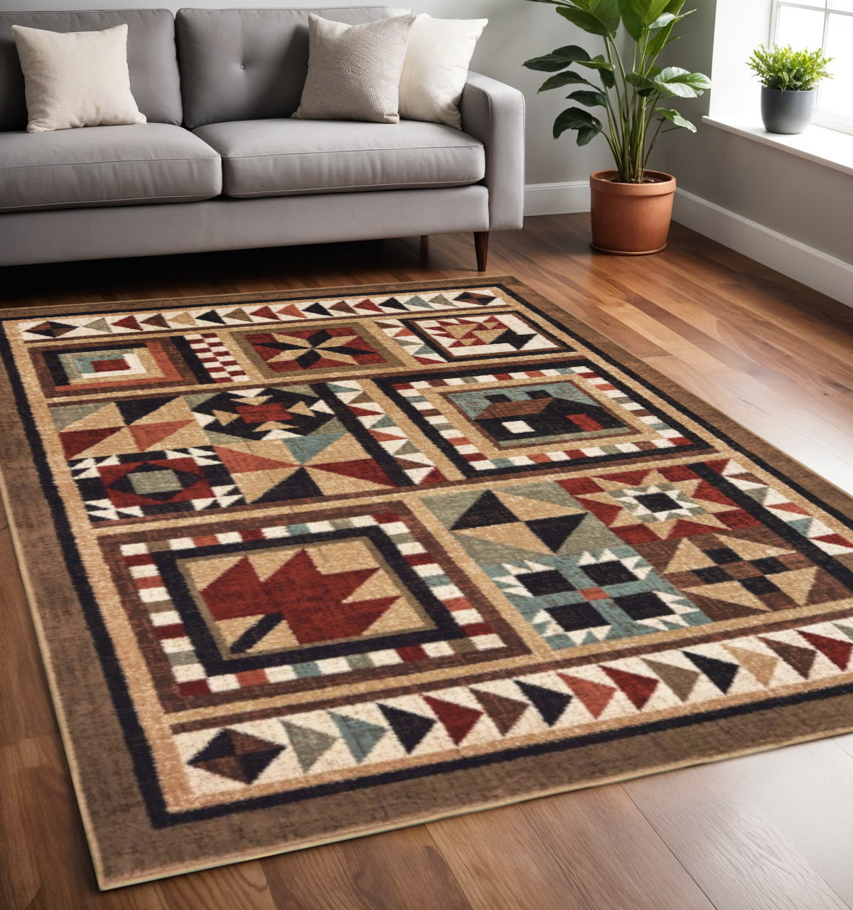 5' X 7' Brown And Red Ikat Patchwork Area Rug-Area Rugs-DECOROLALA