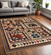 5' X 7' Brown And Red Ikat Patchwork Area Rug-Area Rugs-DECOROLALA