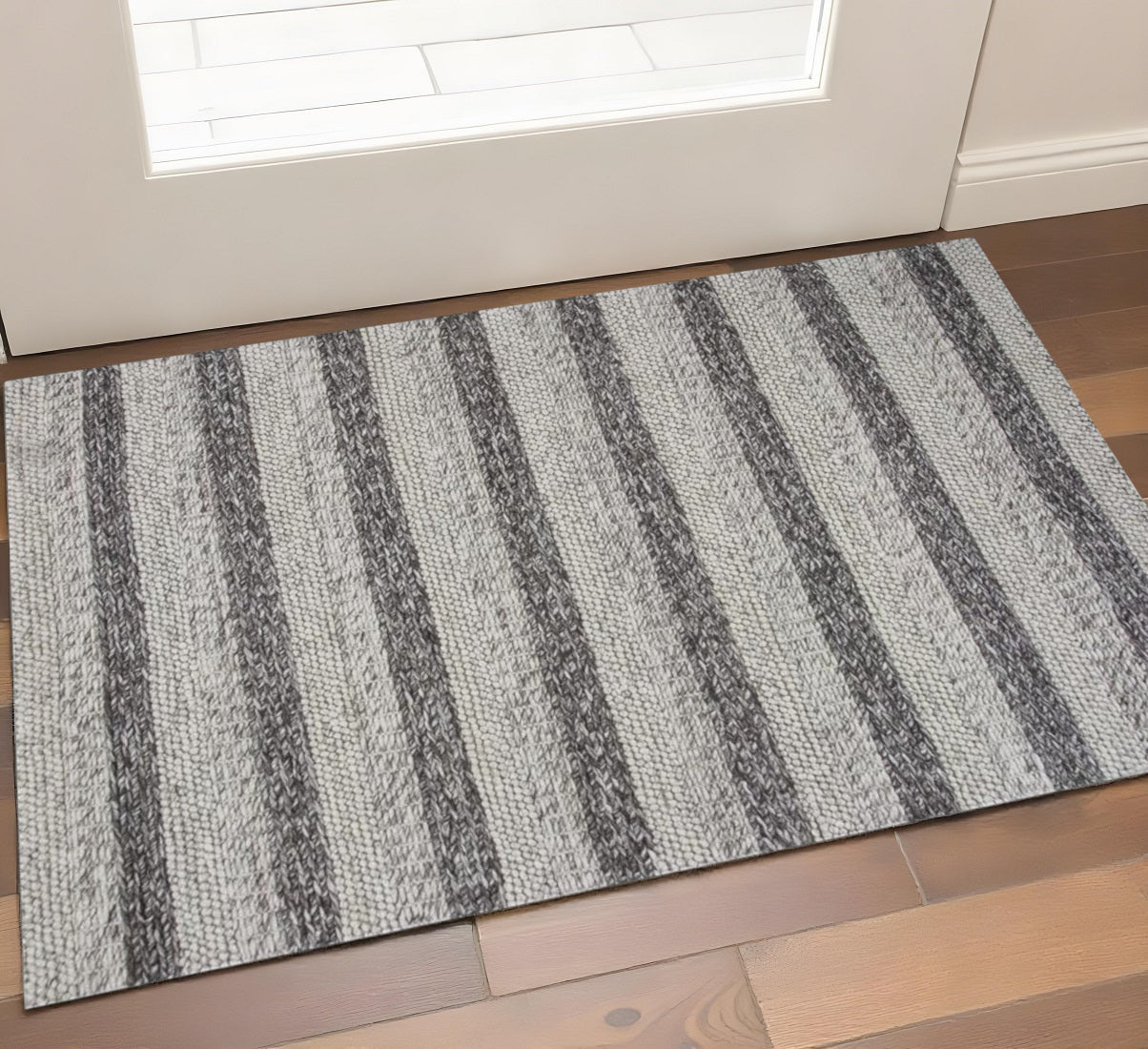 5' X 7' Brown Gray And Ivory New Zealand Lambs Wool Striped Hand Woven Area Rug-Area Rugs-DECOROLALA