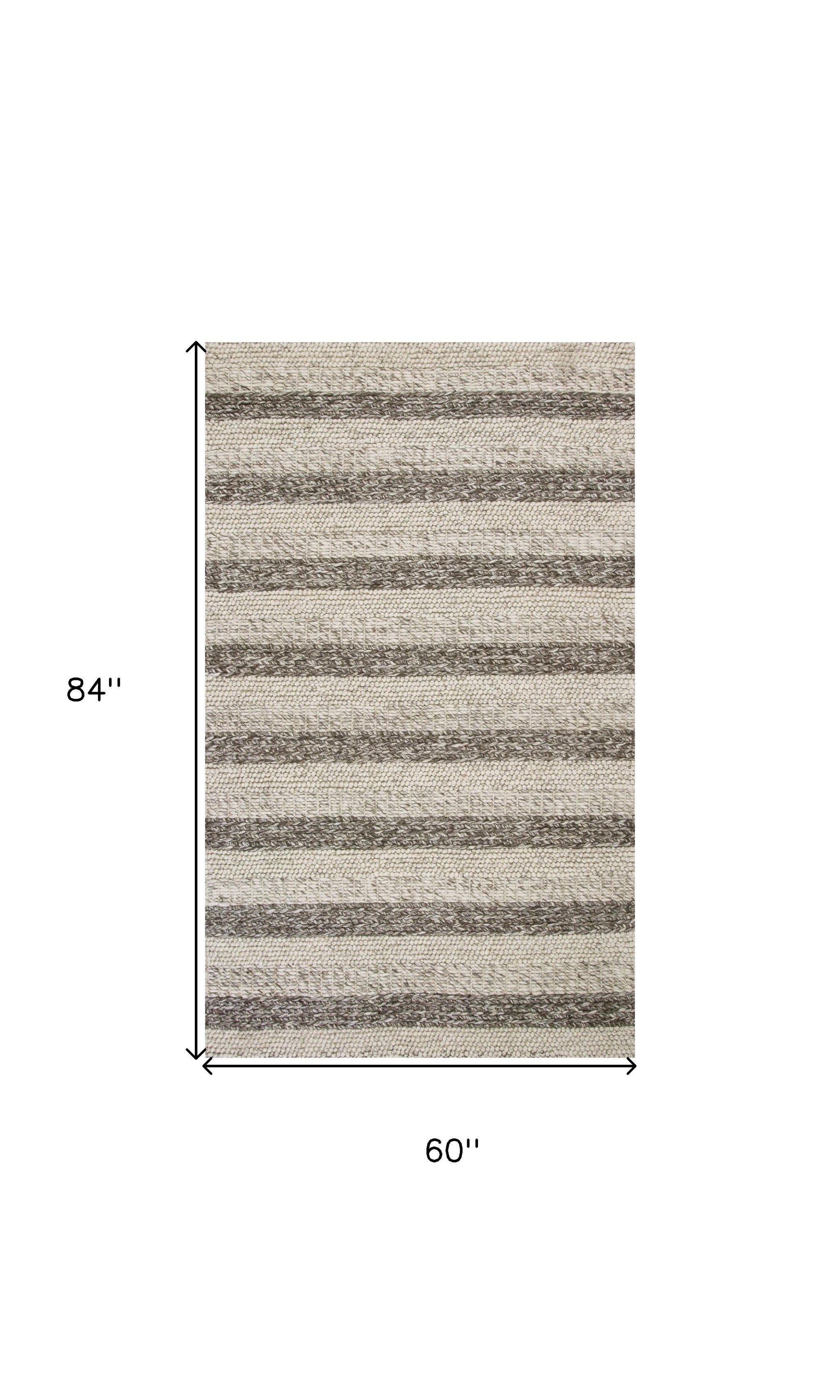 5' X 7' Brown Gray And Ivory New Zealand Lambs Wool Striped Hand Woven Area Rug-Area Rugs-DECOROLALA