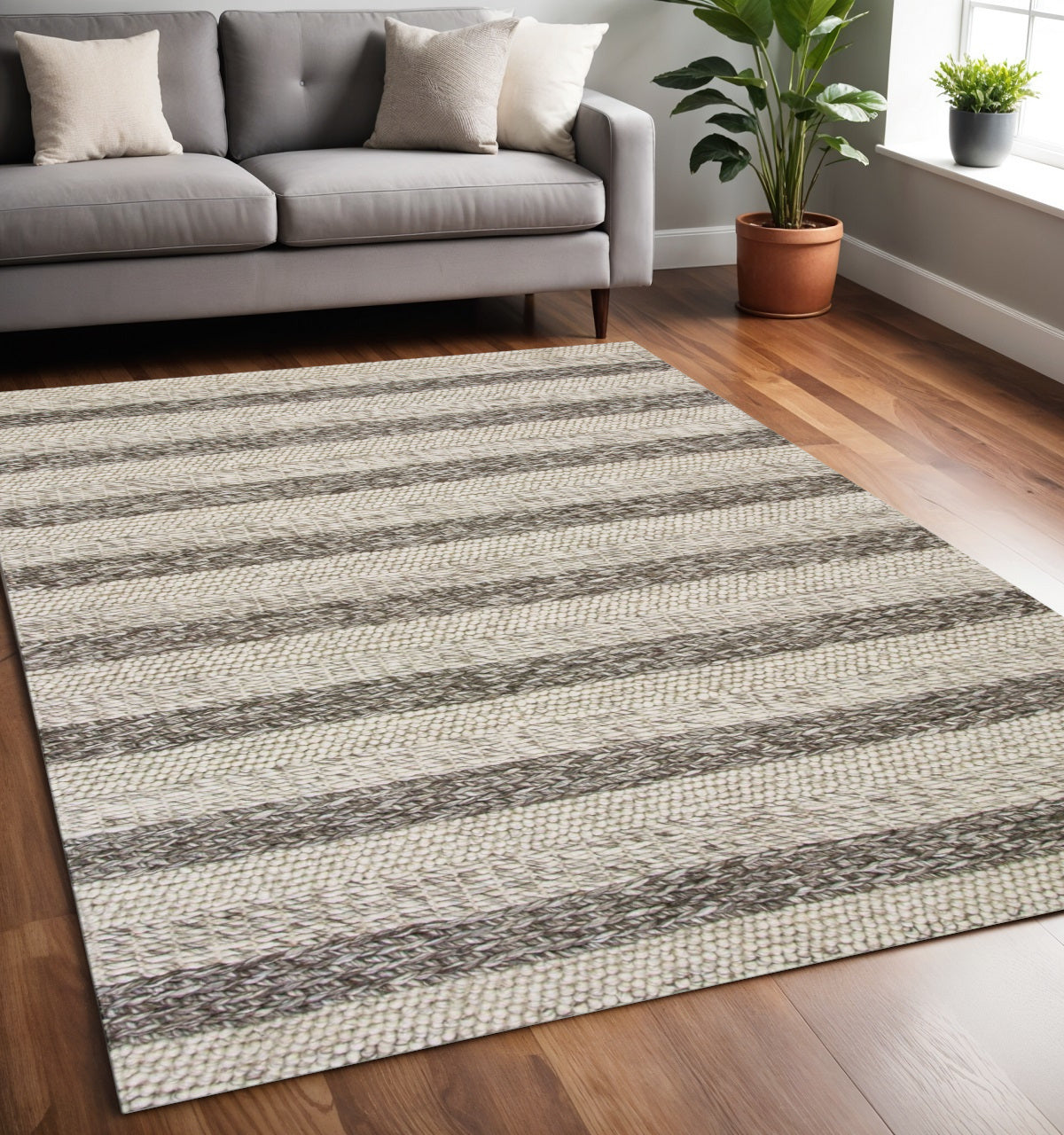 5' X 7' Brown Gray And Ivory New Zealand Lambs Wool Striped Hand Woven Area Rug-Area Rugs-DECOROLALA