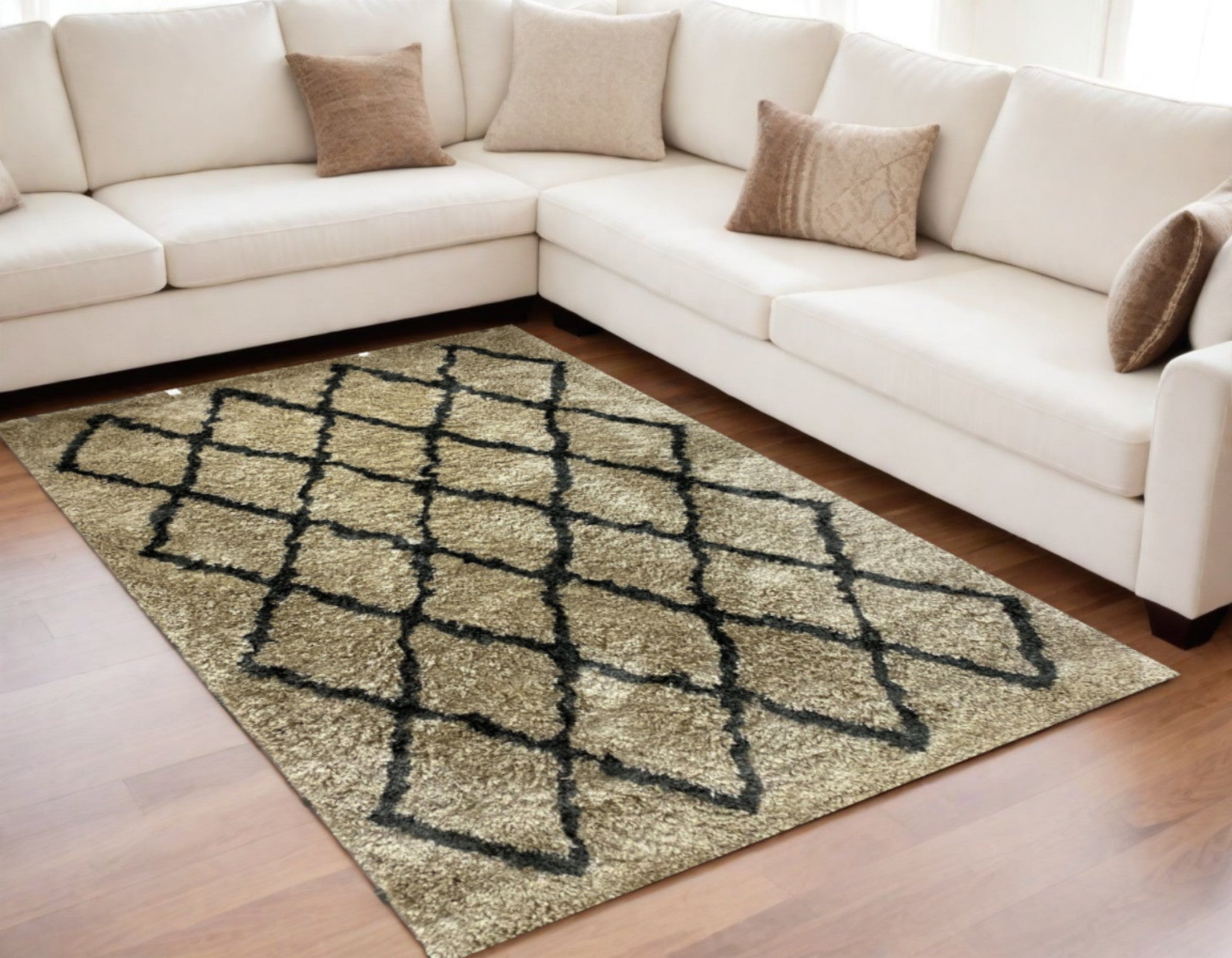 5' X 7' Cream and Black Lattice Area Rug-Area Rugs-DECOROLALA
