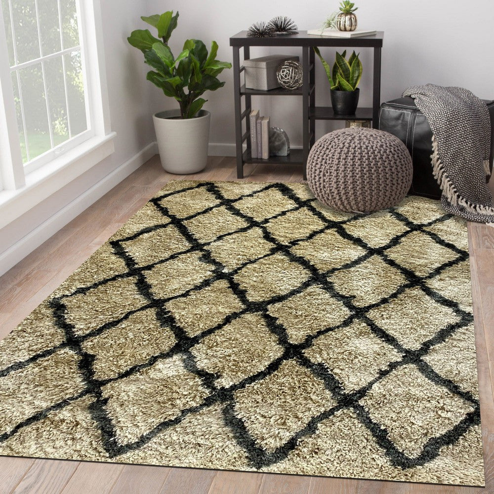 5' X 7' Cream and Black Lattice Area Rug-Area Rugs-DECOROLALA