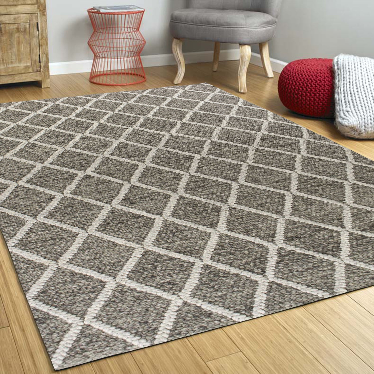 5' X 7' Dark Gray and Ivory Wool Diamond Hand Woven Berber Area Rug-Area Rugs-DECOROLALA