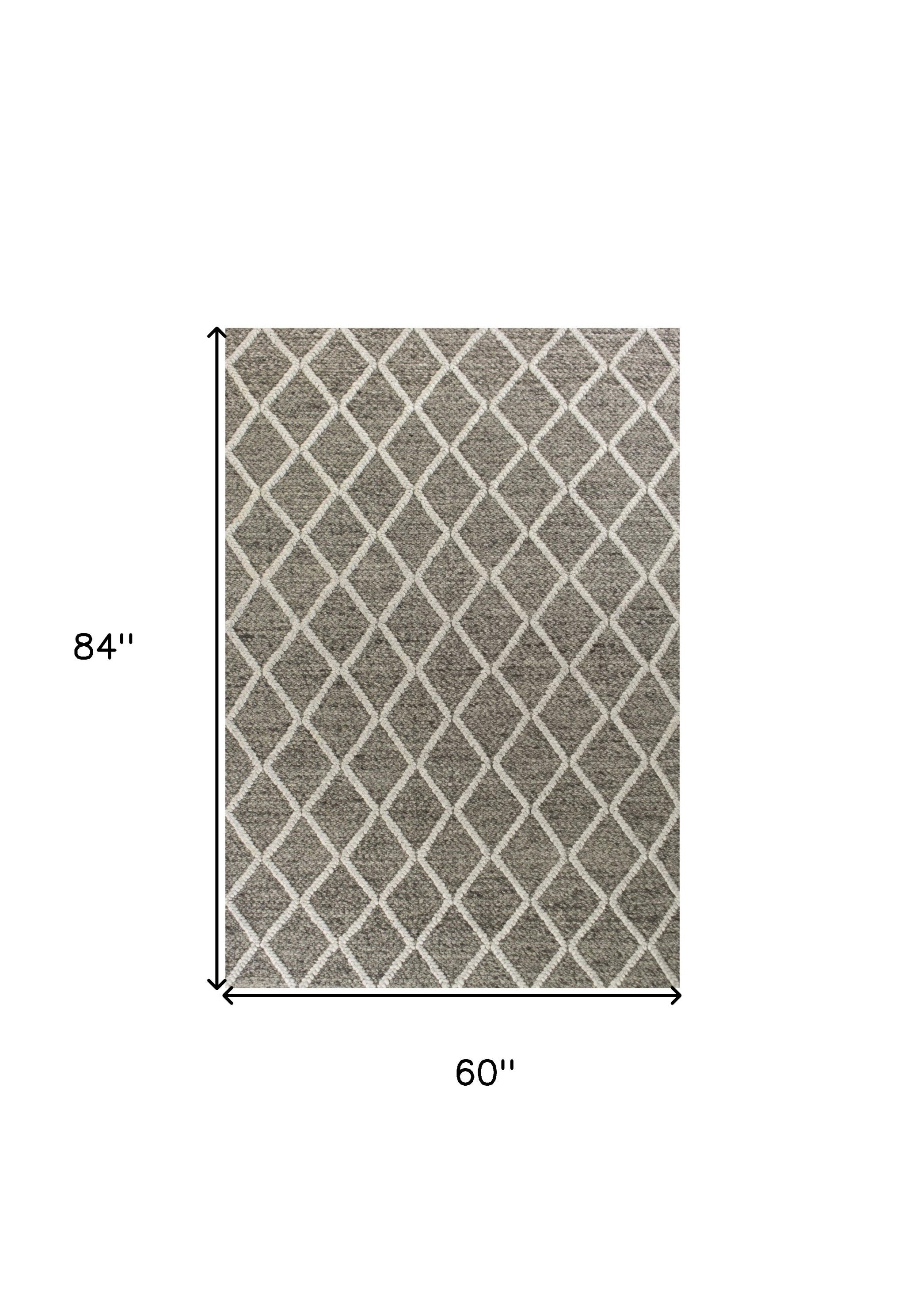 5' X 7' Dark Gray and Ivory Wool Diamond Hand Woven Berber Area Rug-Area Rugs-DECOROLALA