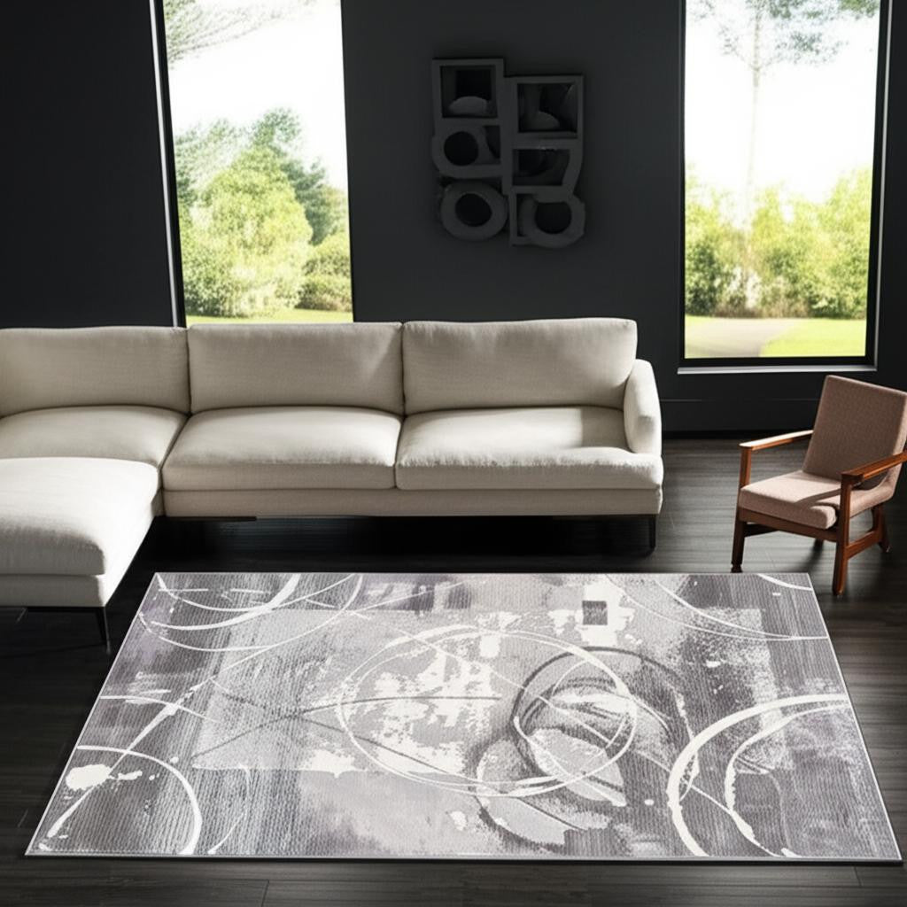 5' X 7' Gray Abstract Power Loom Area Rug-Area Rugs-DECOROLALA