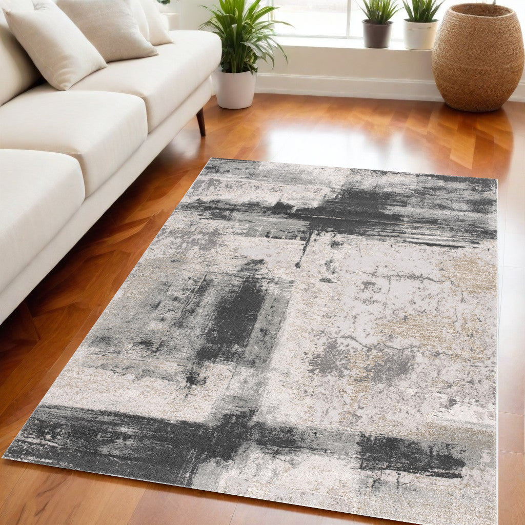 5' X 7' Gray And Ivory Abstract Dhurrie Area Rug-Area Rugs-DECOROLALA