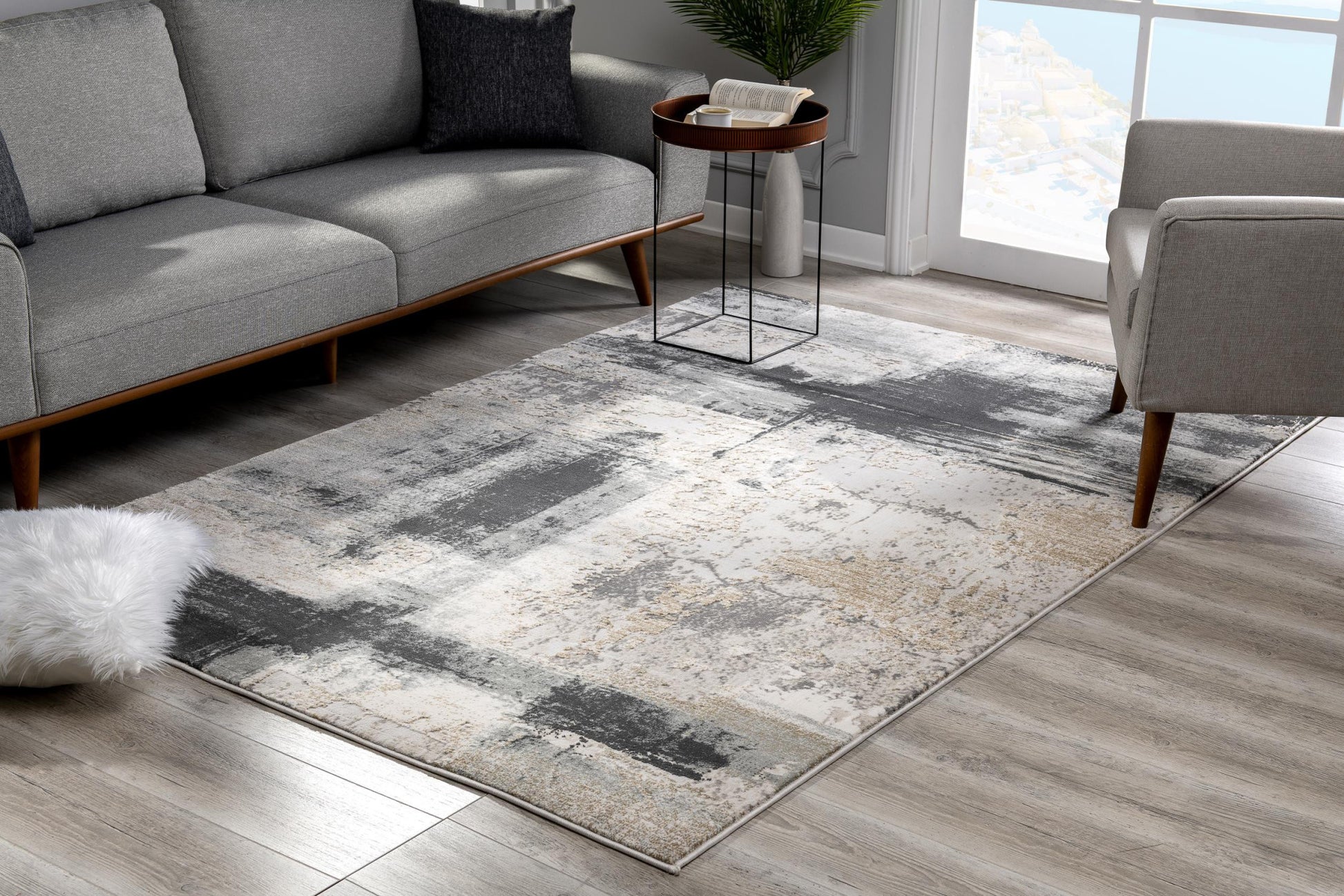 5' X 7' Gray And Ivory Abstract Dhurrie Area Rug-Area Rugs-DECOROLALA