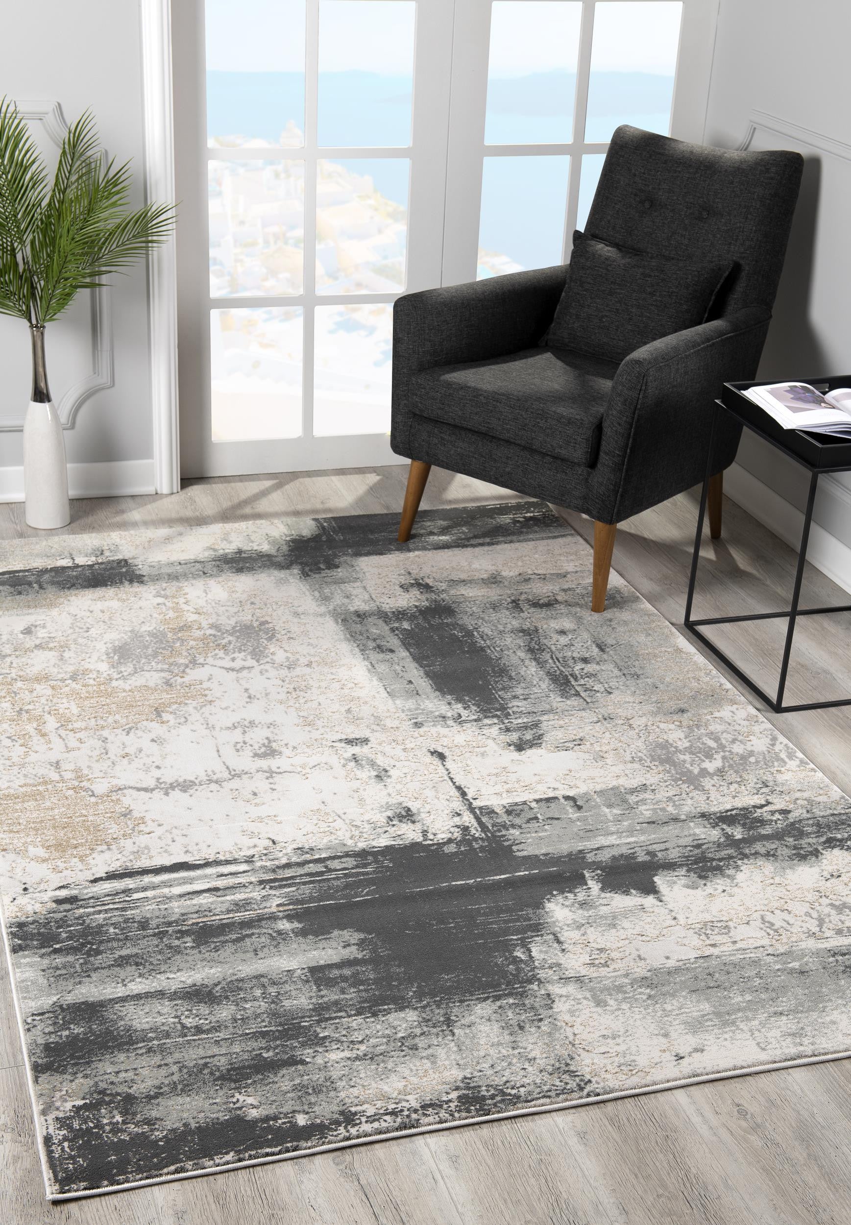 5' X 7' Gray And Ivory Abstract Dhurrie Area Rug-Area Rugs-DECOROLALA