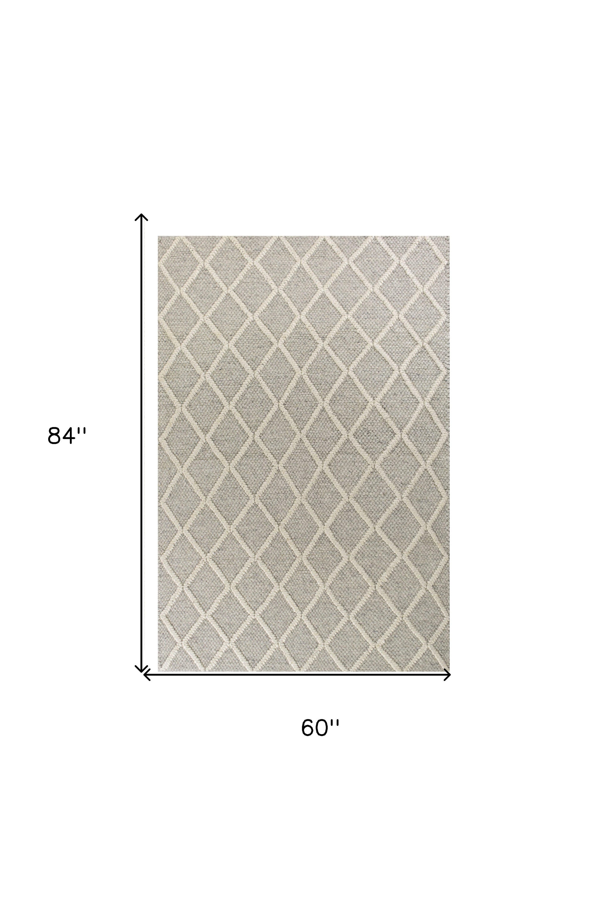 5' X 7' Gray And Ivory Wool Diamond Hand Woven Area Rug-Area Rugs-DECOROLALA