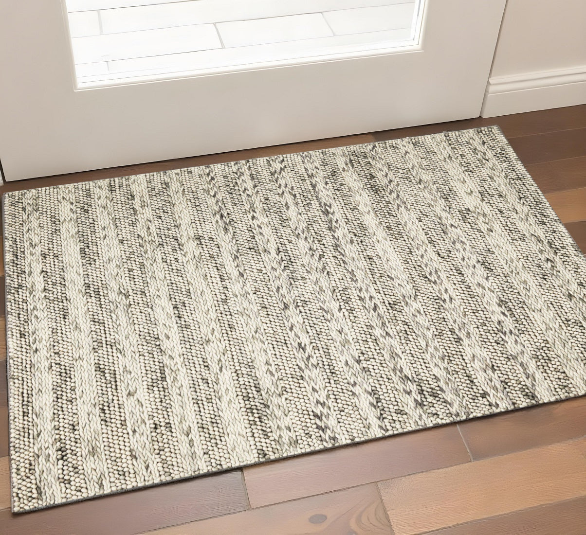 5' X 7' Gray And Ivory Wool Striped Hand Woven Area Rug-Area Rugs-DECOROLALA