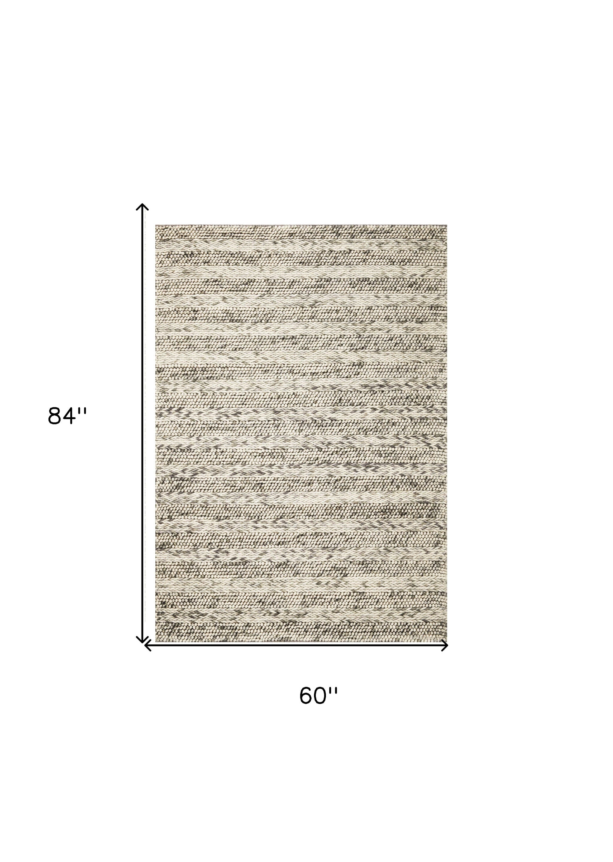 5' X 7' Gray And Ivory Wool Striped Hand Woven Area Rug-Area Rugs-DECOROLALA