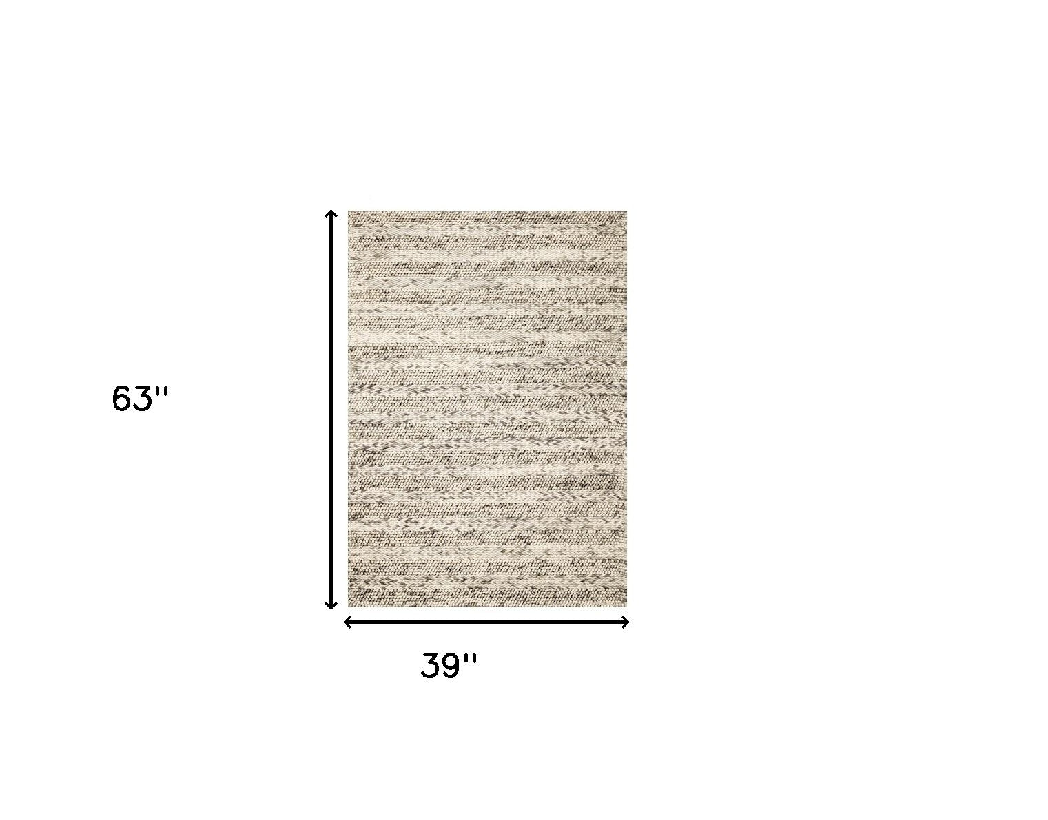 5' X 7' Gray And Ivory Wool Striped Hand Woven Area Rug-Area Rugs-DECOROLALA