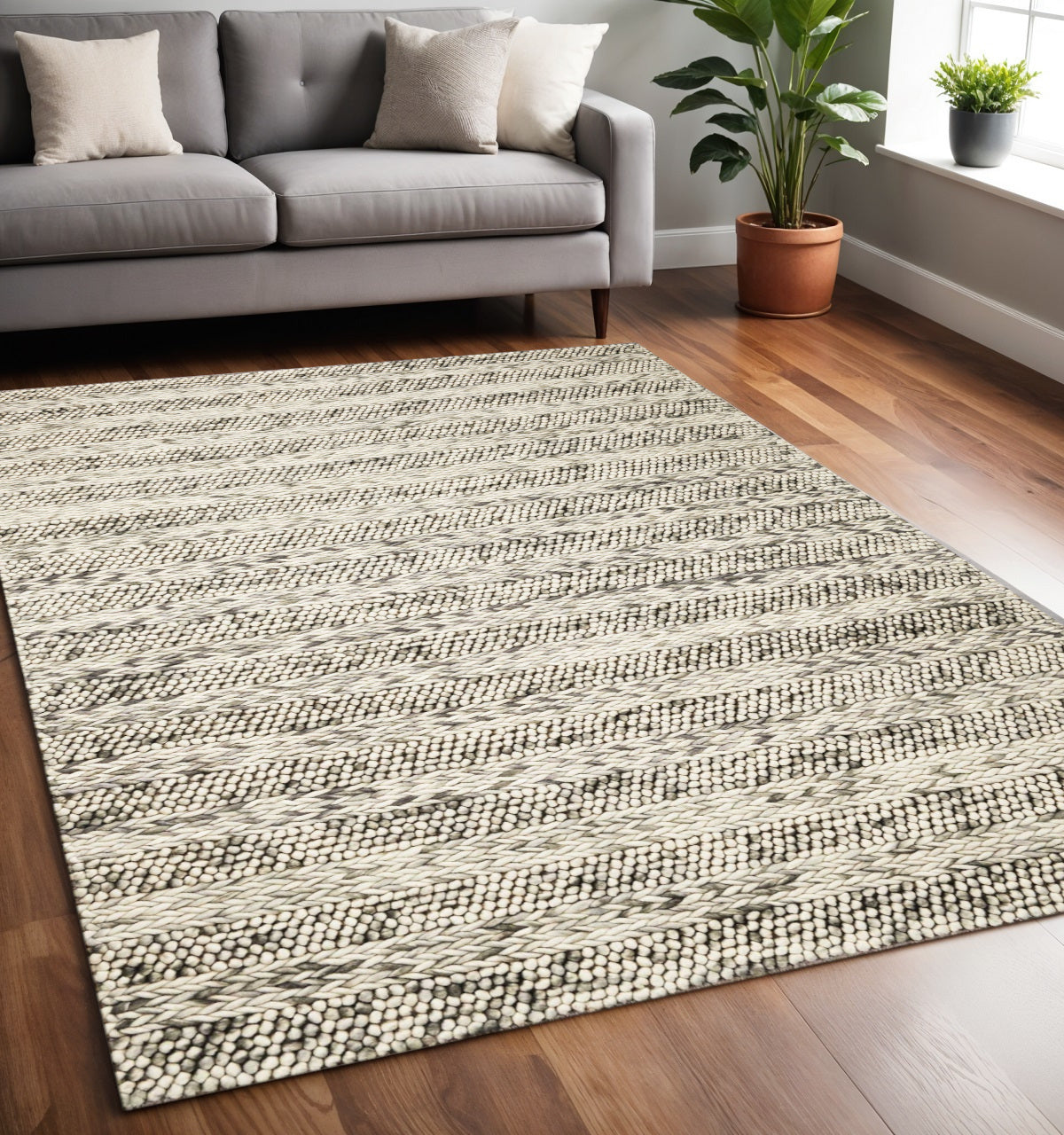 5' X 7' Gray And Ivory Wool Striped Hand Woven Area Rug-Area Rugs-DECOROLALA