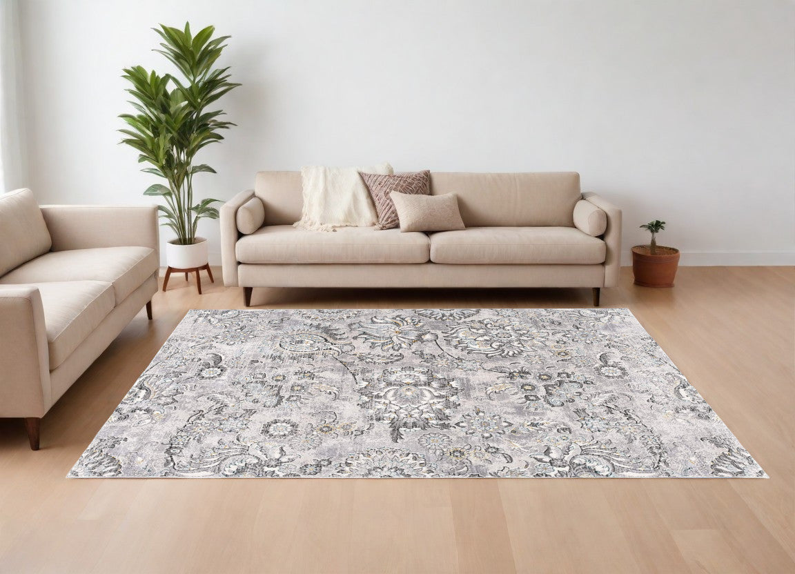 5' X 7' Gray Damask Power Loom Area Rug-Area Rugs-DECOROLALA