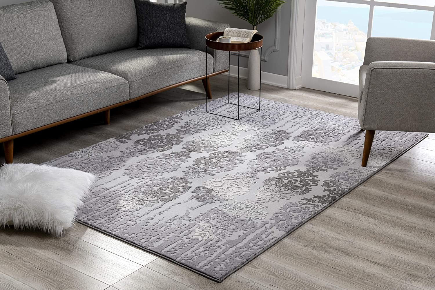 5' X 7' Gray Damask Power Loom Area Rug-Area Rugs-DECOROLALA