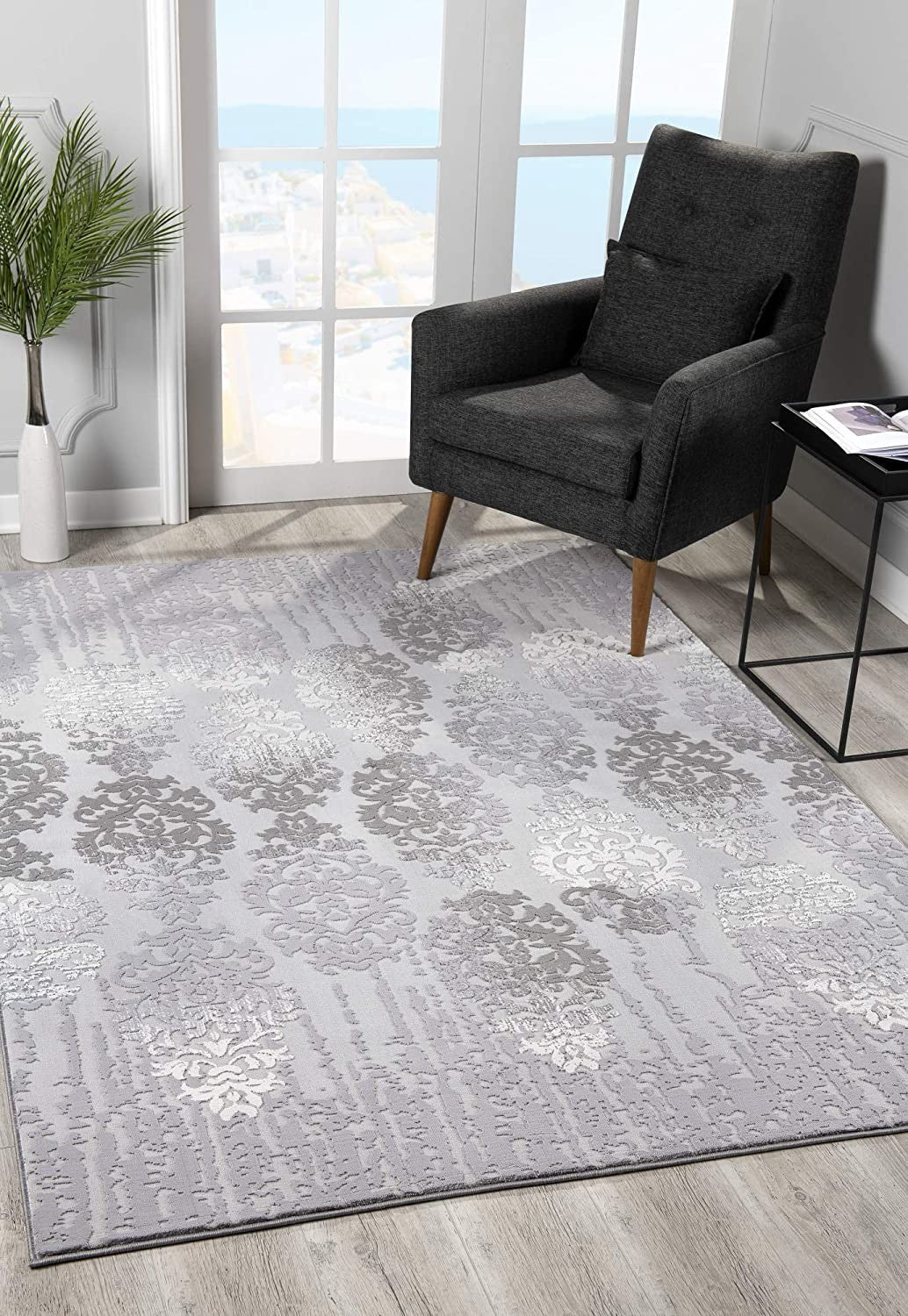 5' X 7' Gray Damask Power Loom Area Rug-Area Rugs-DECOROLALA