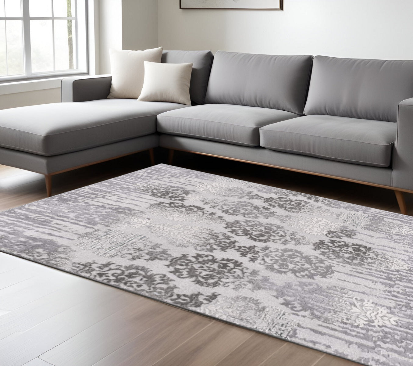 5' X 7' Gray Damask Power Loom Area Rug-Area Rugs-DECOROLALA