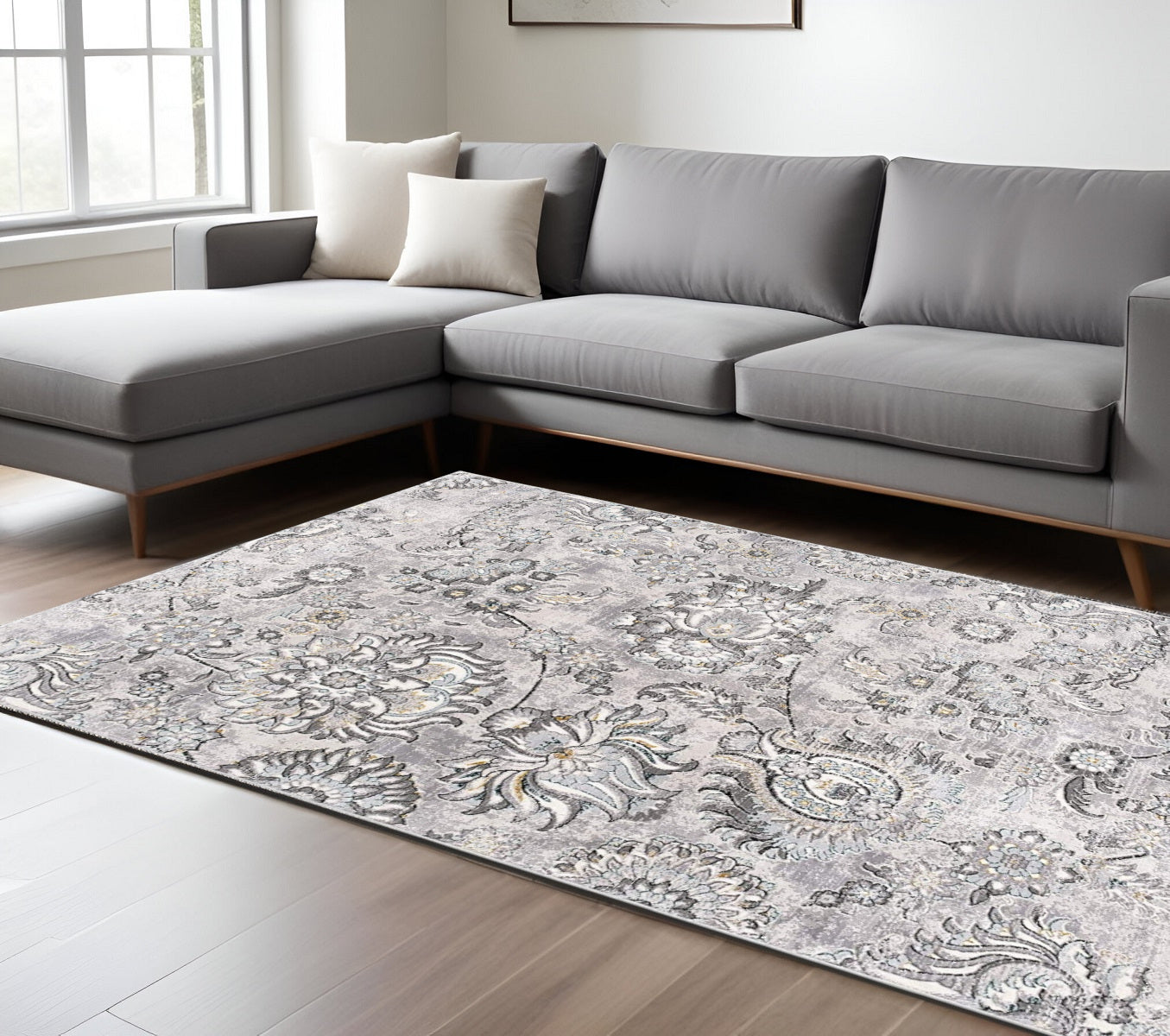 5' X 7' Gray Damask Power Loom Area Rug-Area Rugs-DECOROLALA