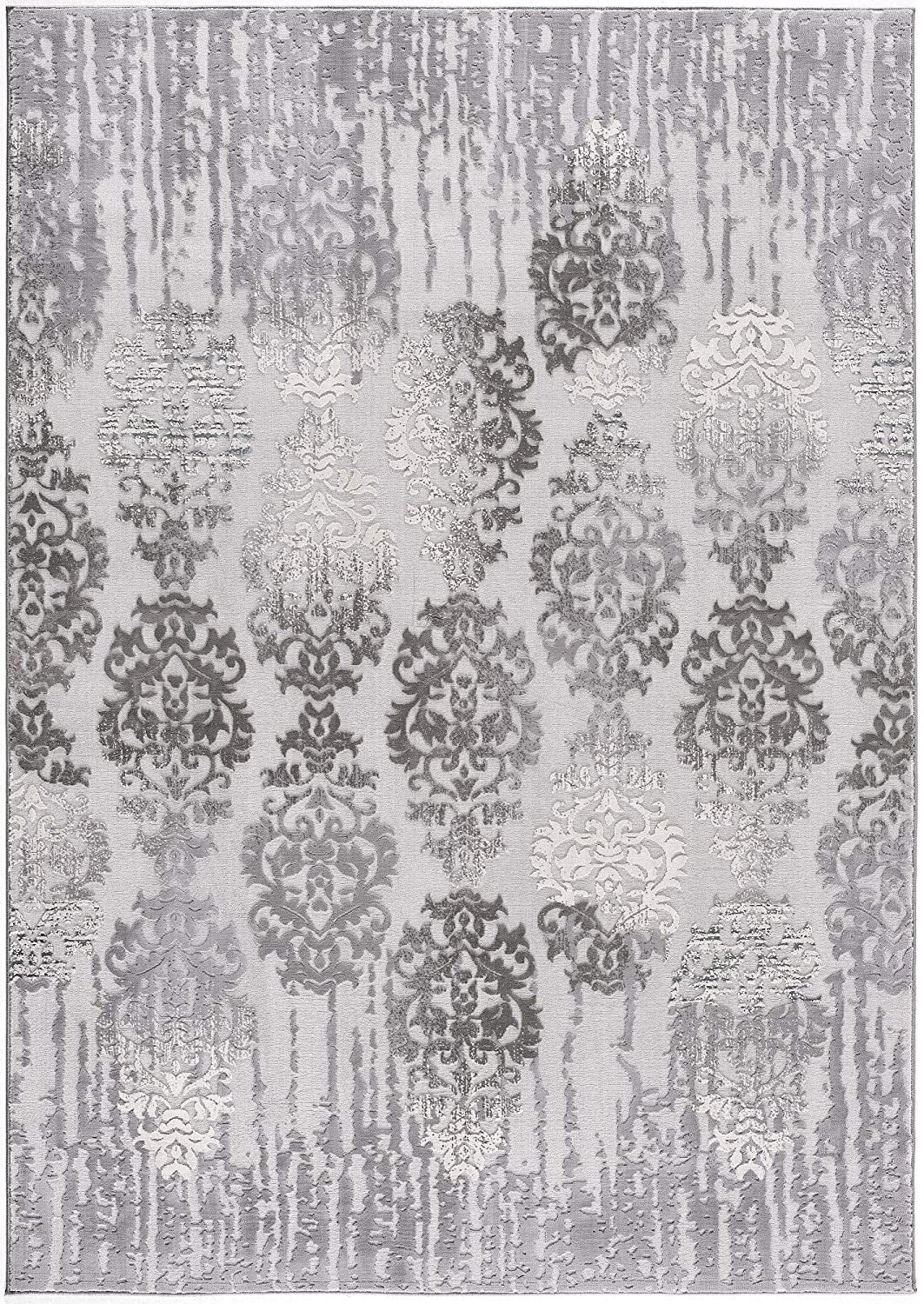 5' X 7' Gray Damask Power Loom Area Rug-Area Rugs-DECOROLALA