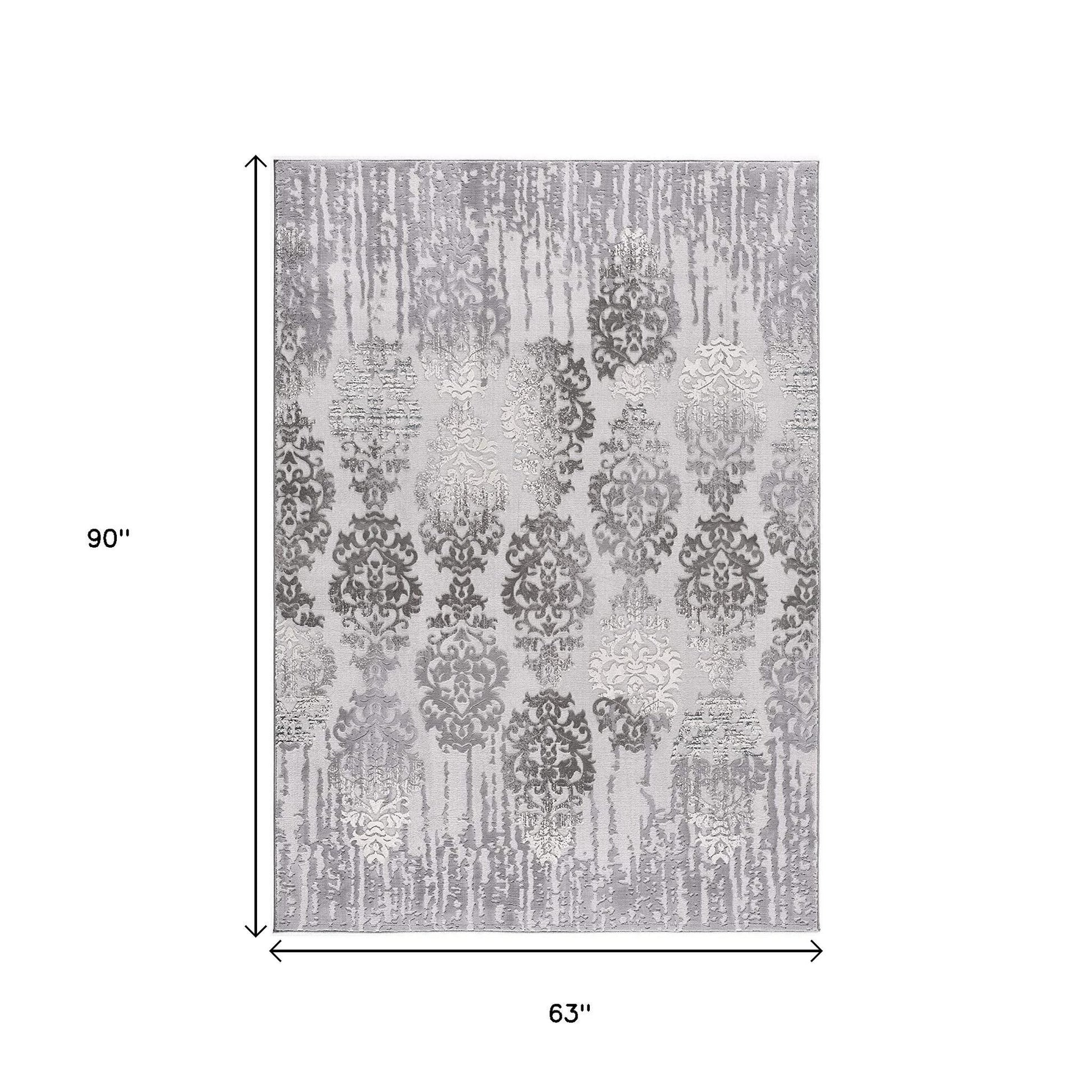 5' X 7' Gray Damask Power Loom Area Rug-Area Rugs-DECOROLALA