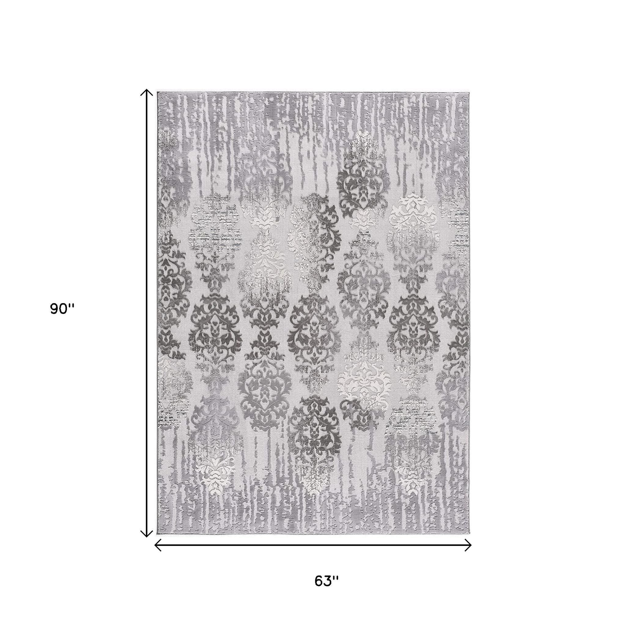 5' X 7' Gray Damask Power Loom Area Rug-Area Rugs-DECOROLALA