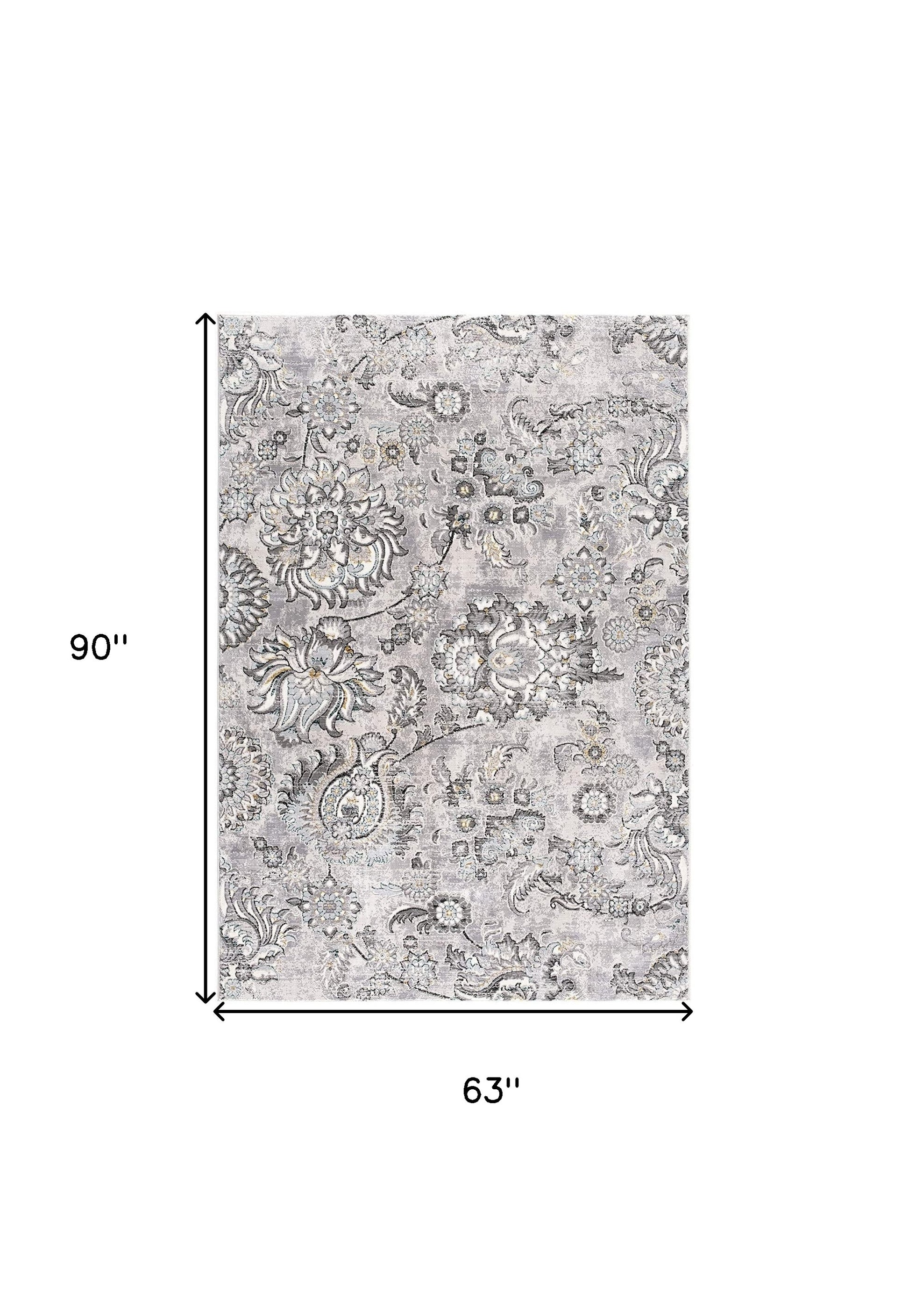 5' X 7' Gray Damask Power Loom Area Rug-Area Rugs-DECOROLALA