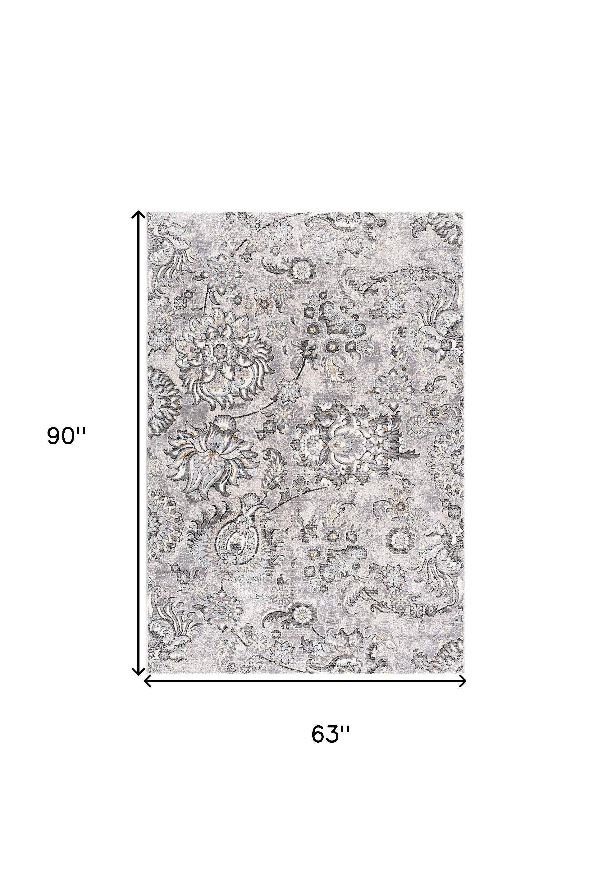 5' X 7' Gray Damask Power Loom Area Rug-Area Rugs-DECOROLALA