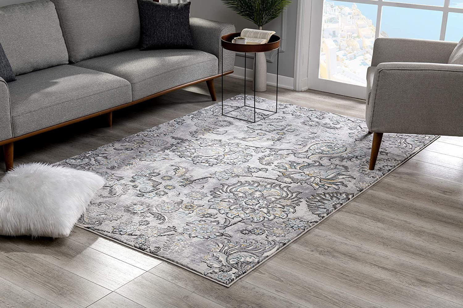 5' X 7' Gray Damask Power Loom Area Rug-Area Rugs-DECOROLALA