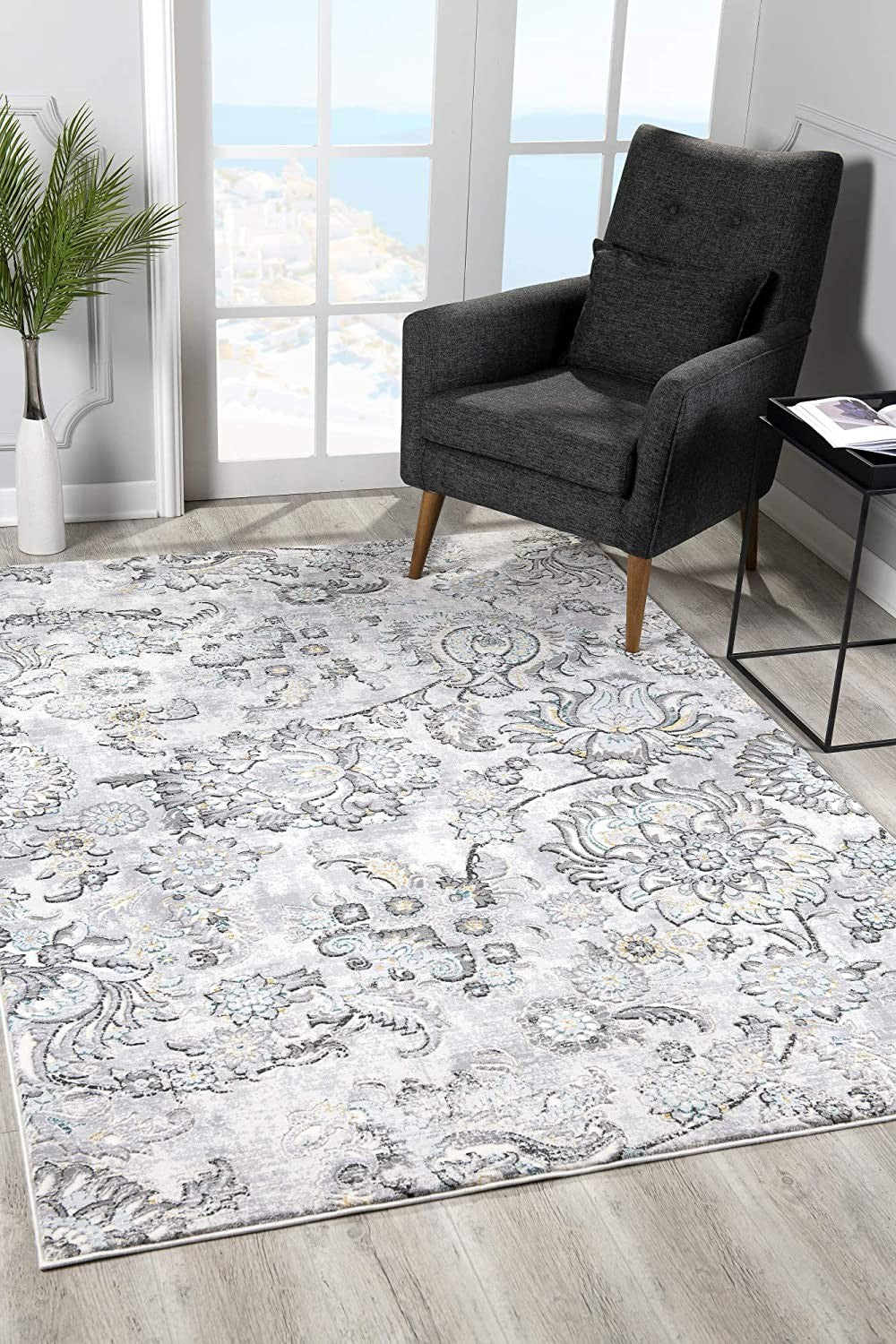 5' X 7' Gray Damask Power Loom Area Rug-Area Rugs-DECOROLALA