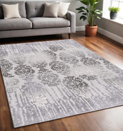 5' X 7' Gray Damask Power Loom Area Rug-Area Rugs-DECOROLALA