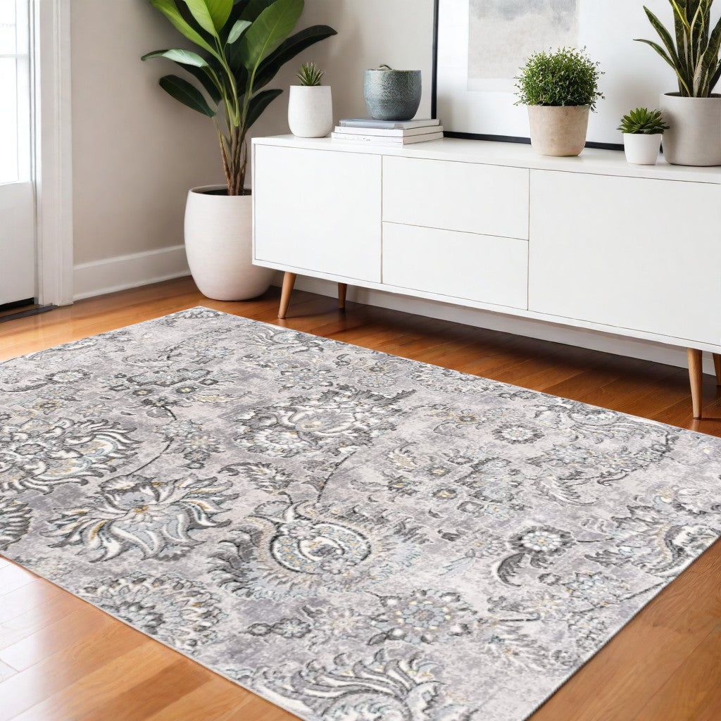5' X 7' Gray Damask Power Loom Area Rug-Area Rugs-DECOROLALA