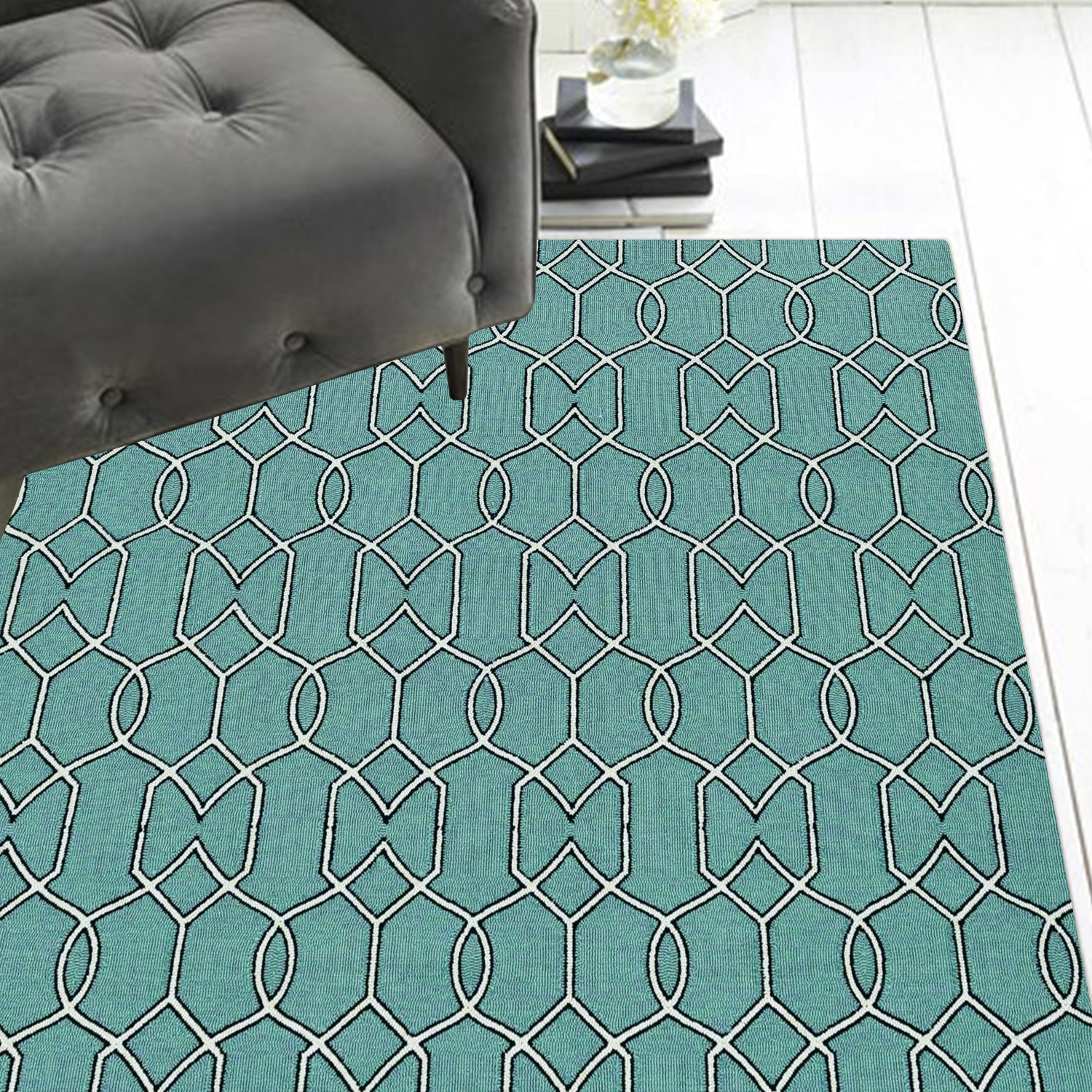 5' X 7' Green and Ivory Geometric Hand Hooked Area Rug-Area Rugs-DECOROLALA
