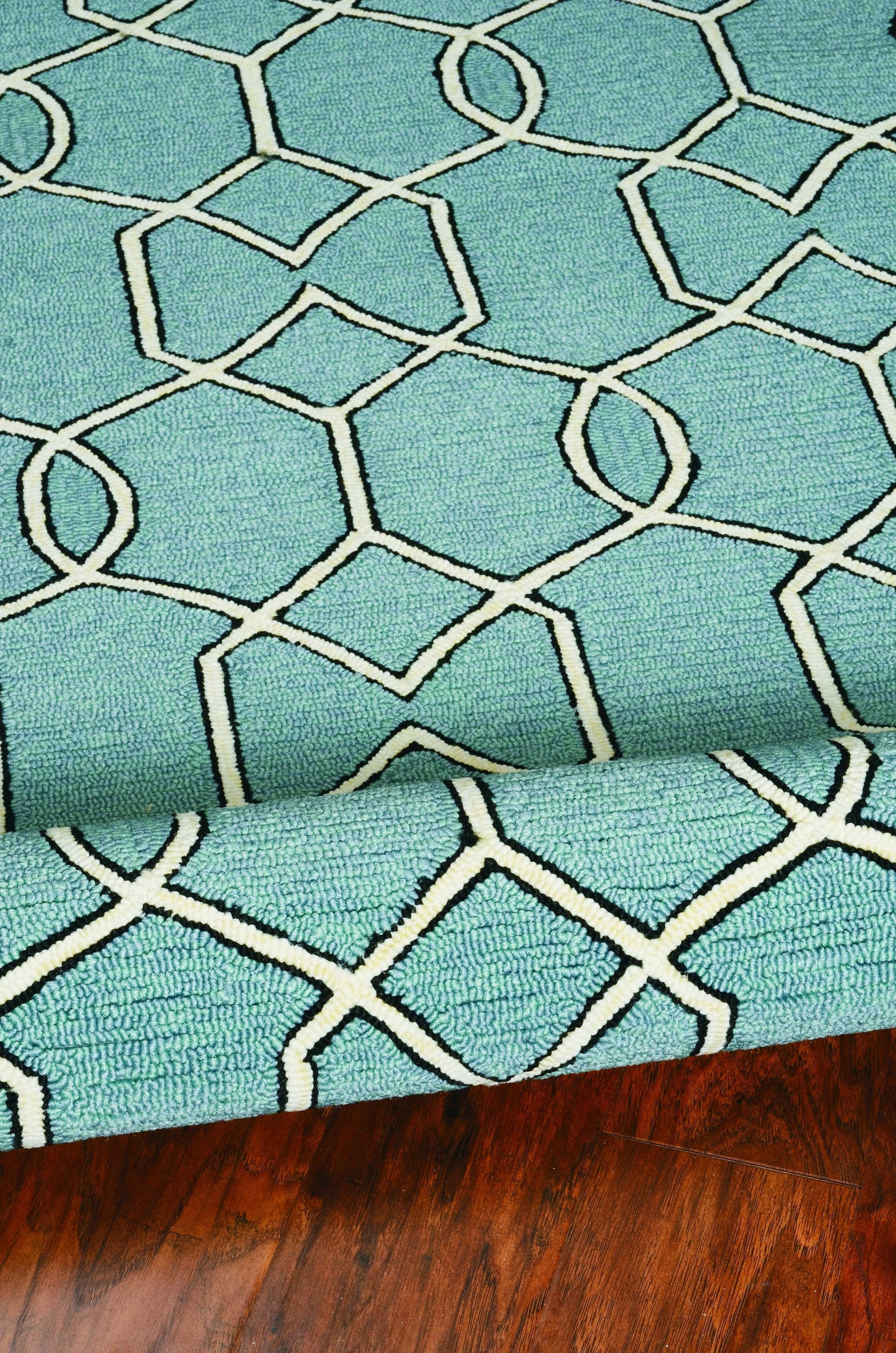 5' X 7' Green and Ivory Geometric Hand Hooked Area Rug-Area Rugs-DECOROLALA